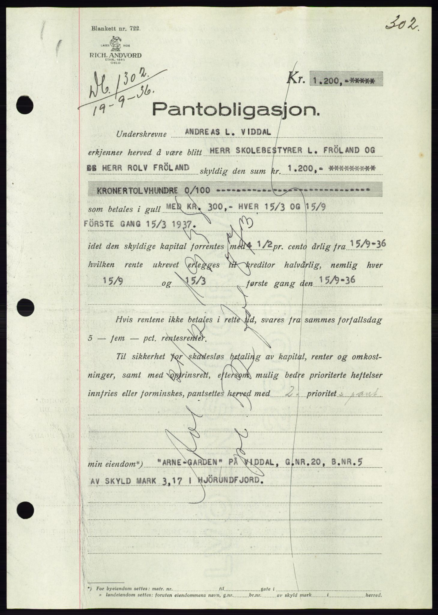 Søre Sunnmøre sorenskriveri, AV/SAT-A-4122/1/2/2C/L0061: Mortgage book no. 55, 1936-1936, Diary no: : 1302/1936