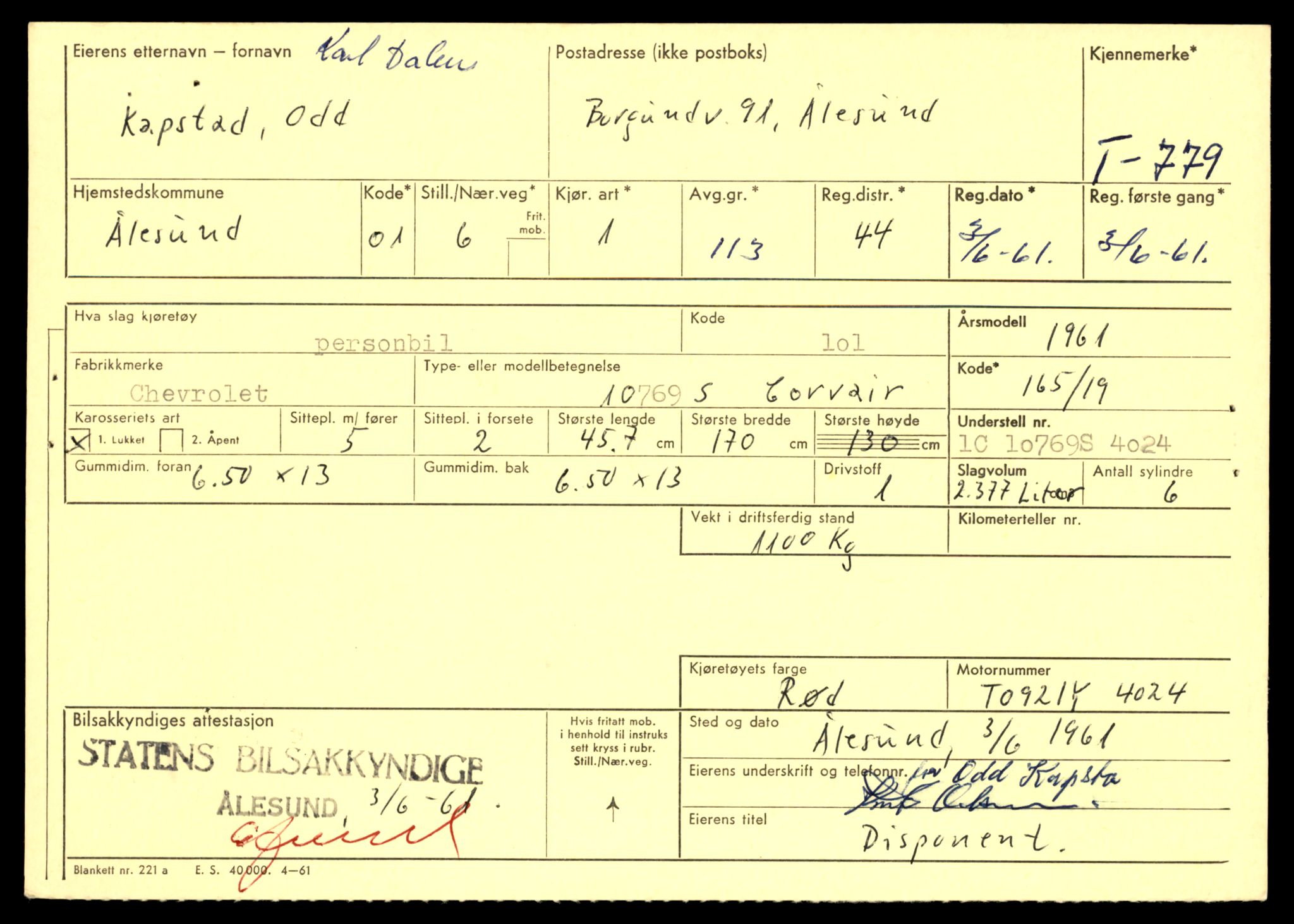 Møre og Romsdal vegkontor - Ålesund trafikkstasjon, SAT/A-4099/F/Fe/L0008: Registreringskort for kjøretøy T 747 - T 894, 1927-1998, p. 1039