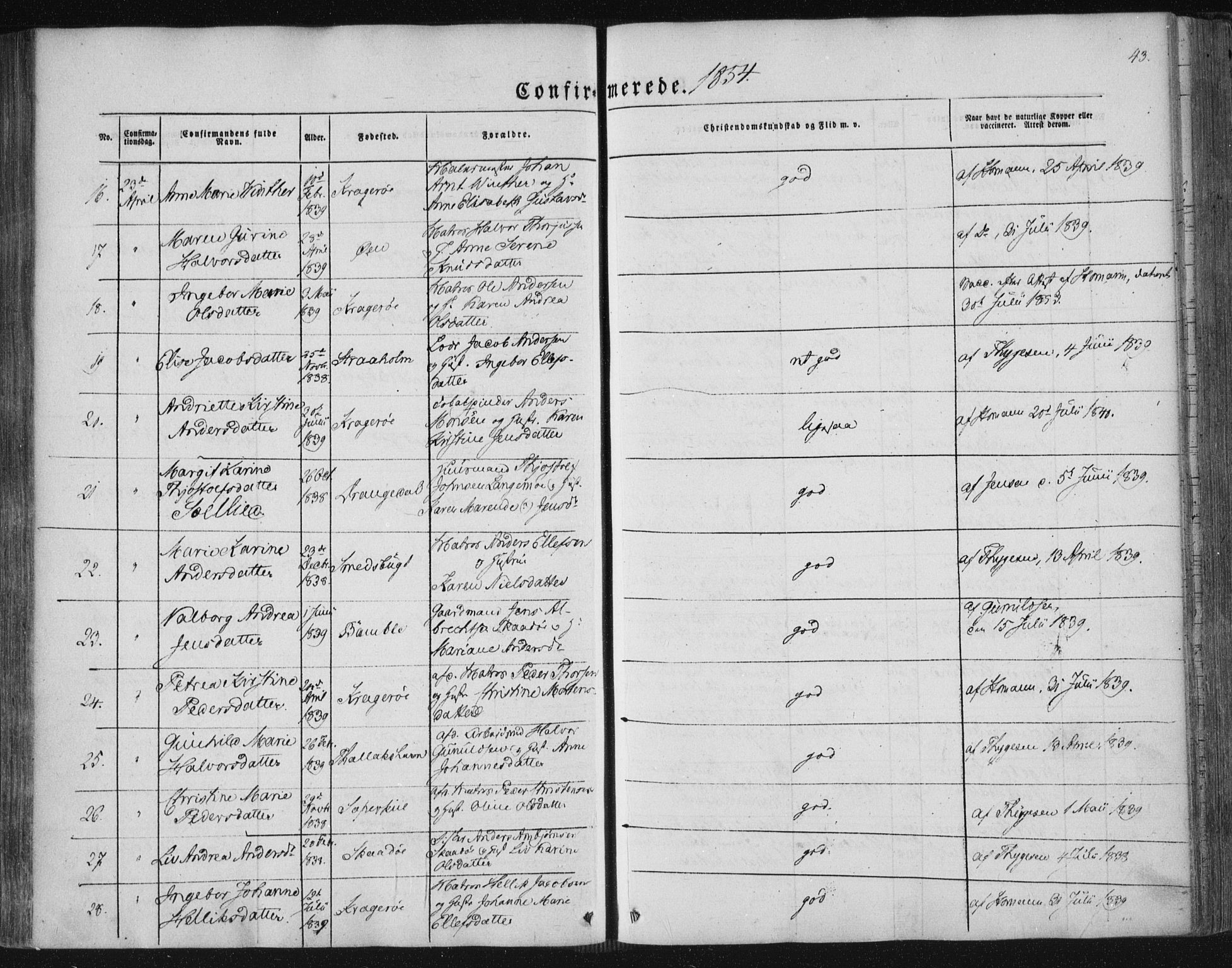 Kragerø kirkebøker, AV/SAKO-A-278/F/Fa/L0006: Parish register (official) no. 6, 1847-1861, p. 43