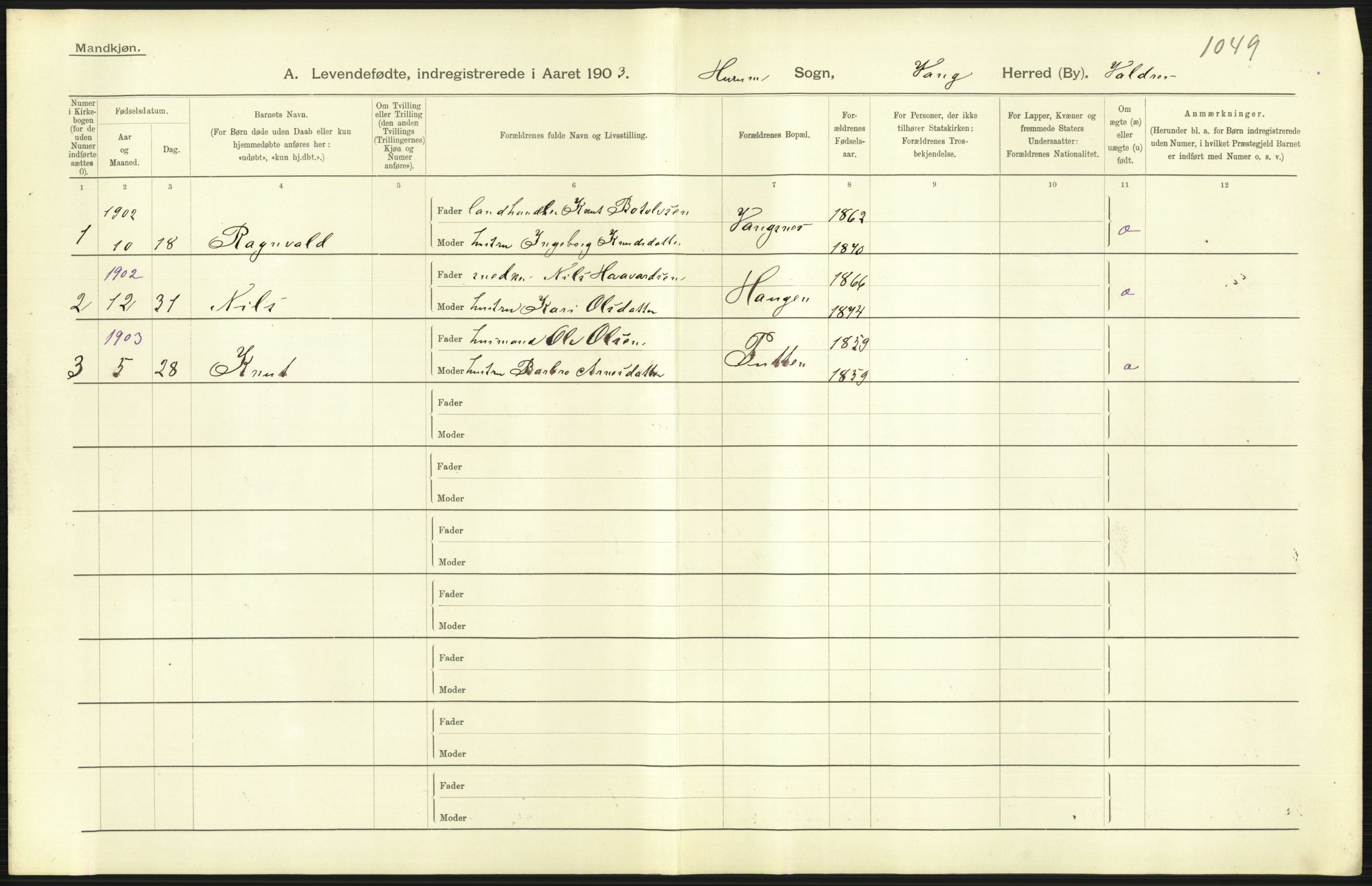 Statistisk sentralbyrå, Sosiodemografiske emner, Befolkning, AV/RA-S-2228/D/Df/Dfa/Dfaa/L0006: Kristians amt: Fødte, gifte, døde, 1903, p. 385