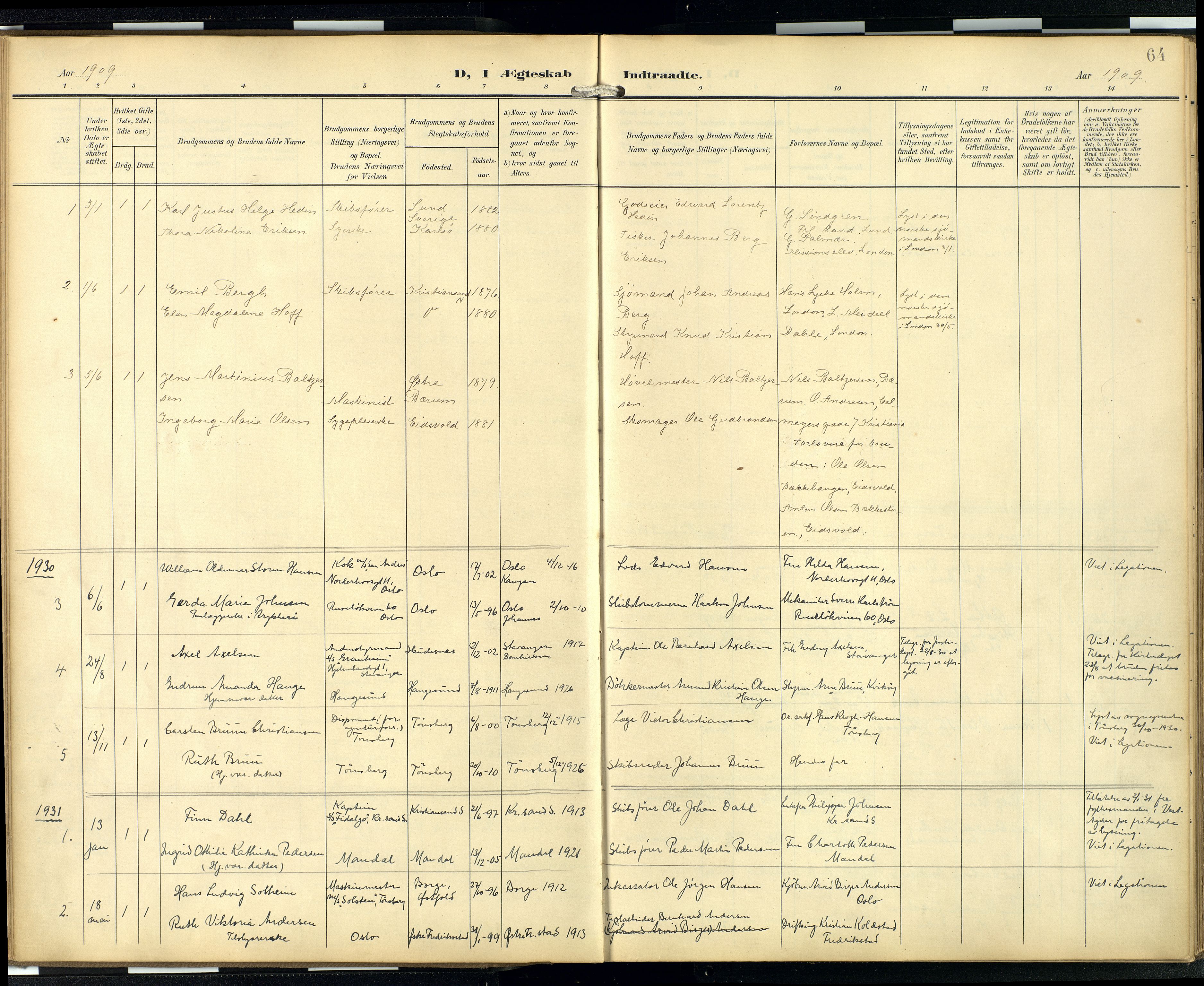  Den norske sjømannsmisjon i utlandet/London m/bistasjoner, SAB/SAB/PA-0103/H/Ha/L0003: Parish register (official) no. A 3, 1903-1934, p. 63b-64a