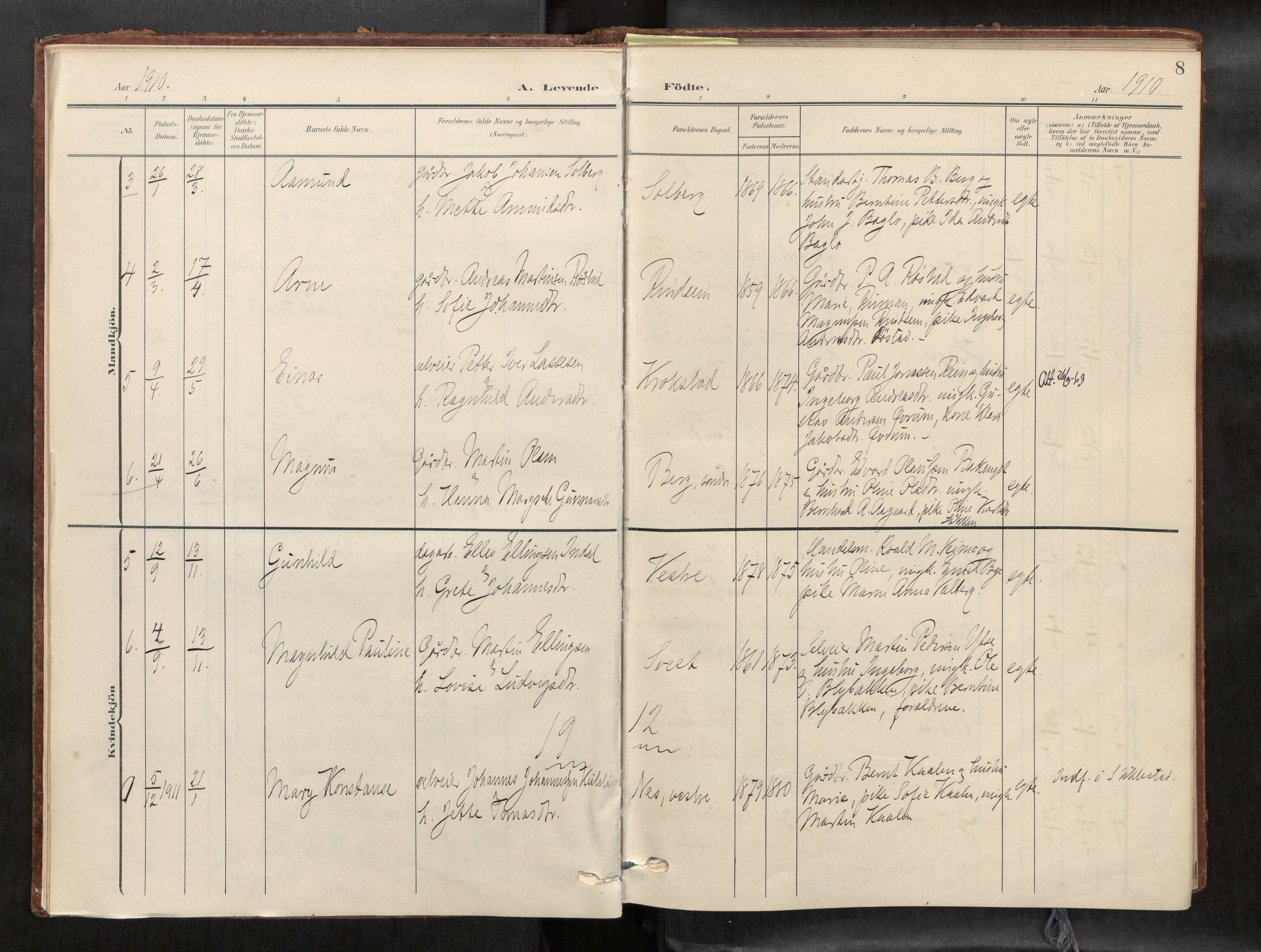 Verdal sokneprestkontor, SAT/A-1156/2/H/Haa/L0003: Parish register (official) no. 3, 1907-1921, p. 8