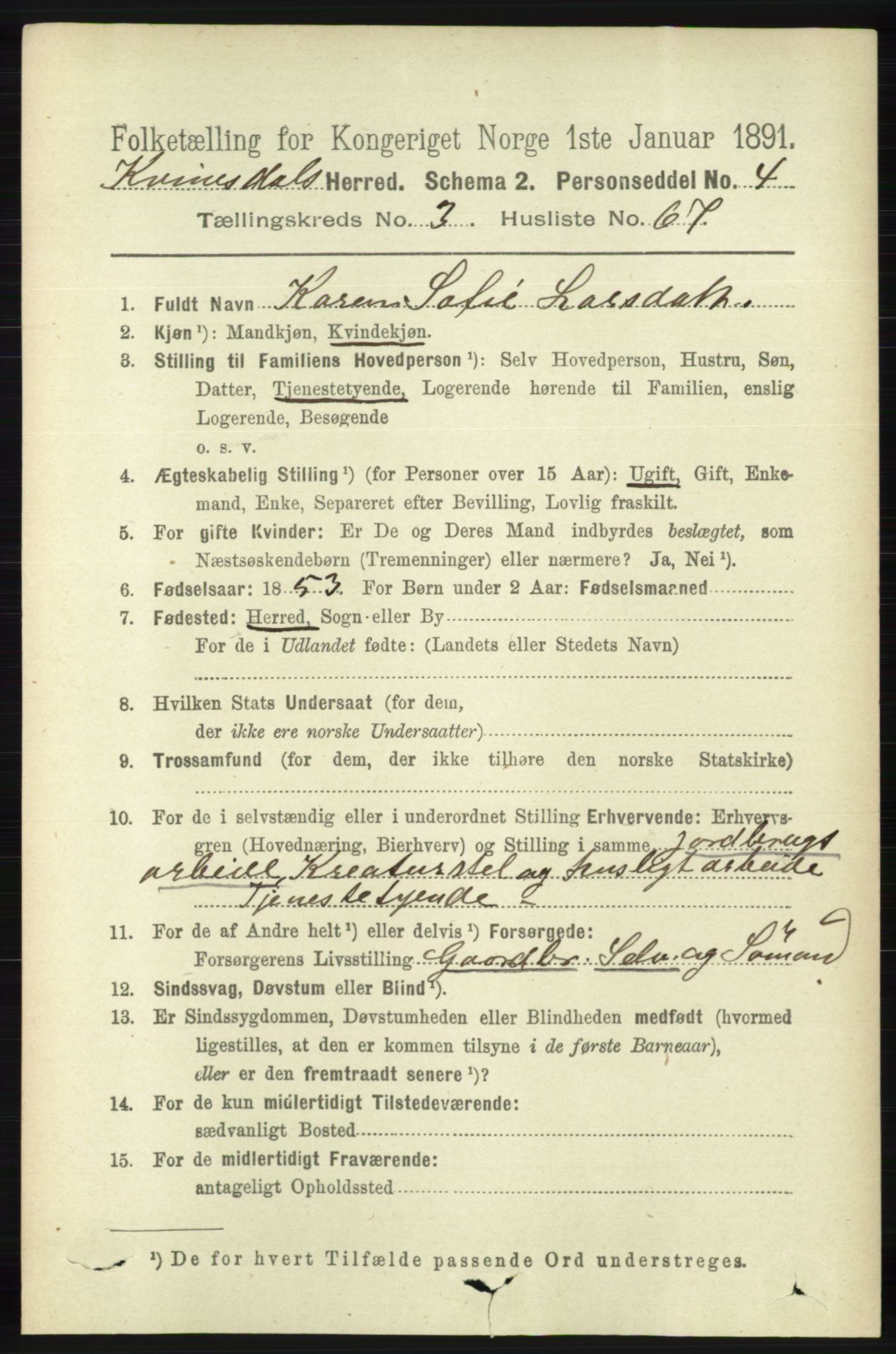 RA, 1891 census for 1037 Kvinesdal, 1891, p. 1390