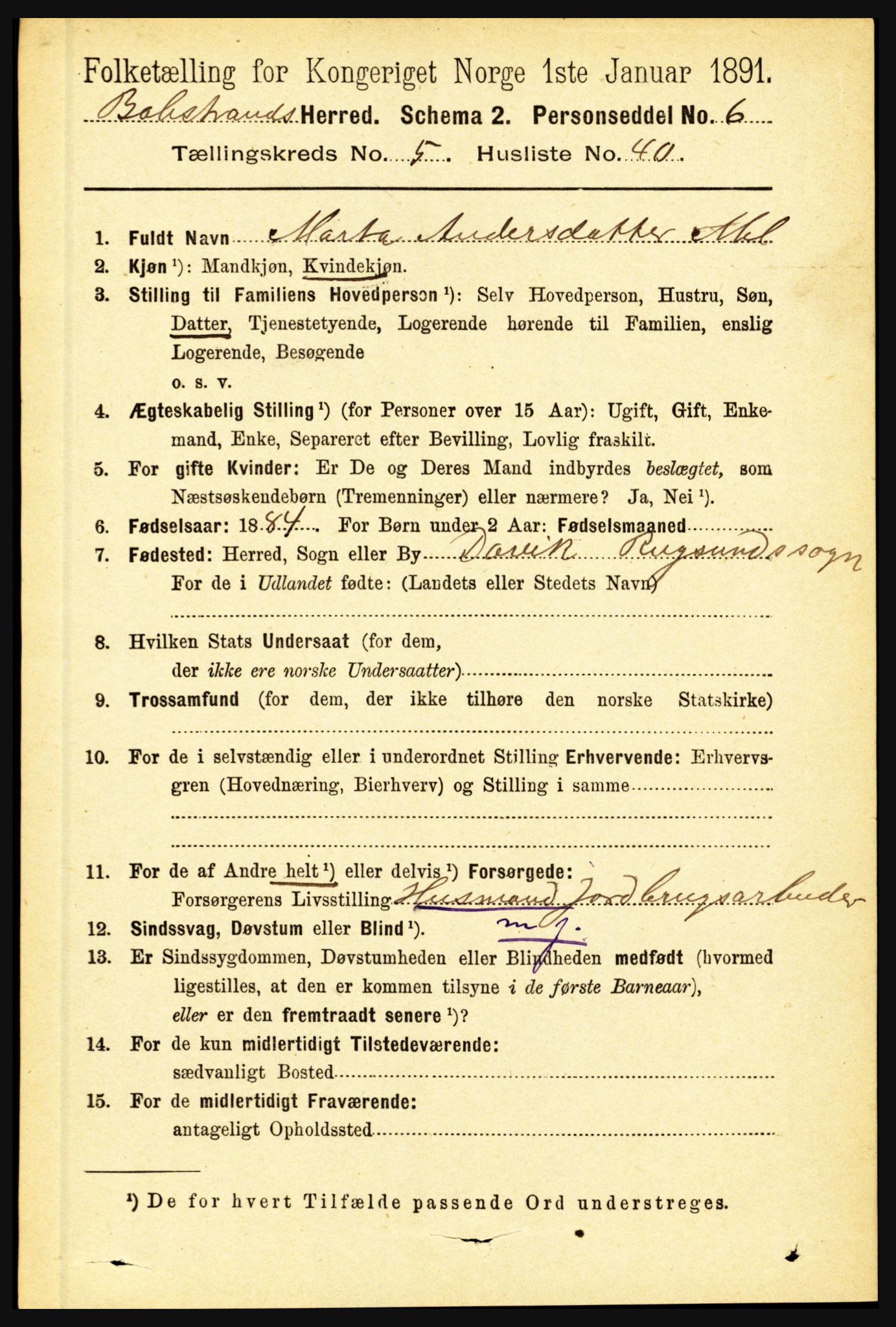 RA, 1891 census for 1418 Balestrand, 1891, p. 1331