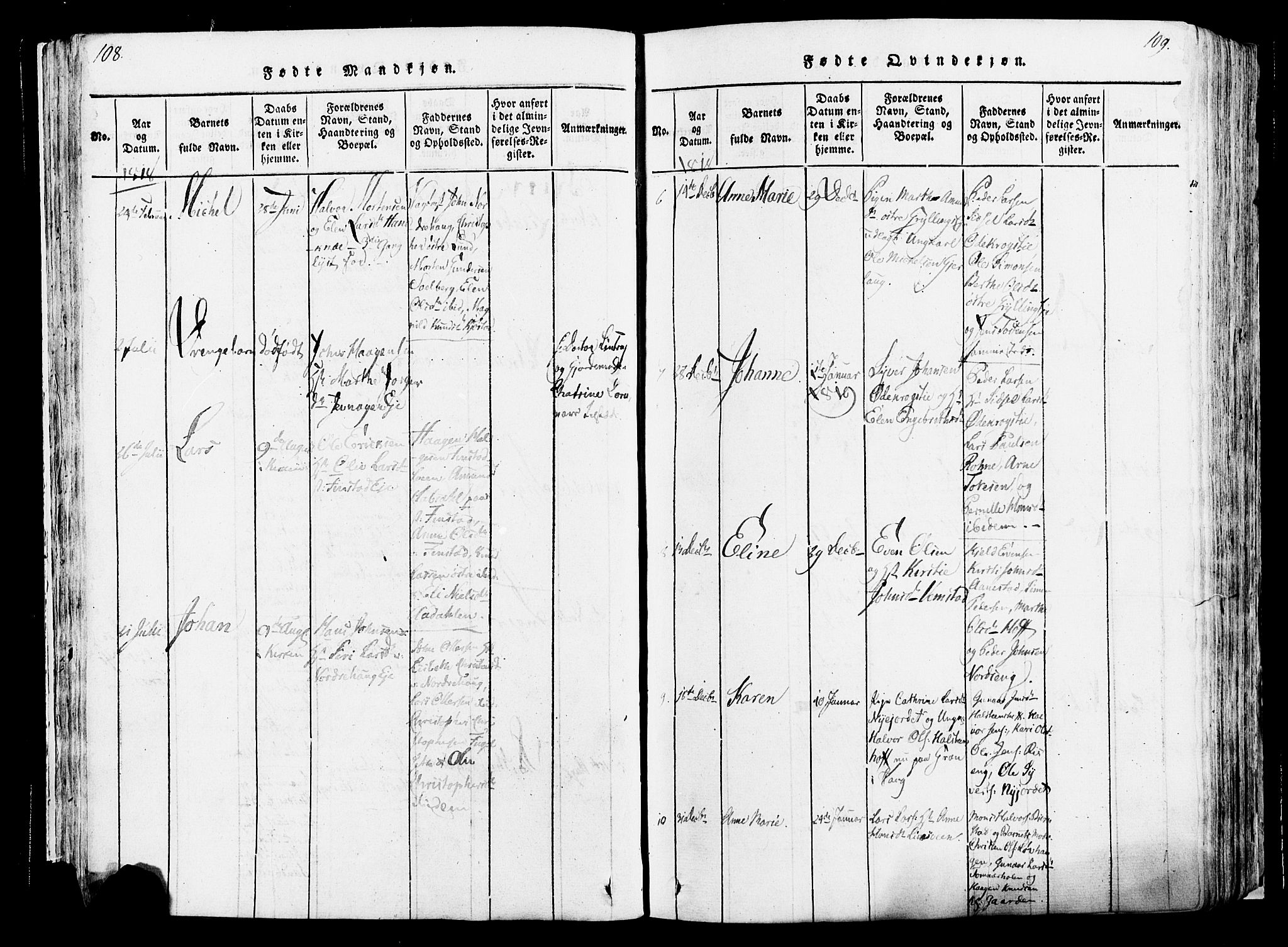 Løten prestekontor, AV/SAH-PREST-022/K/Ka/L0005: Parish register (official) no. 5, 1814-1832, p. 108-109