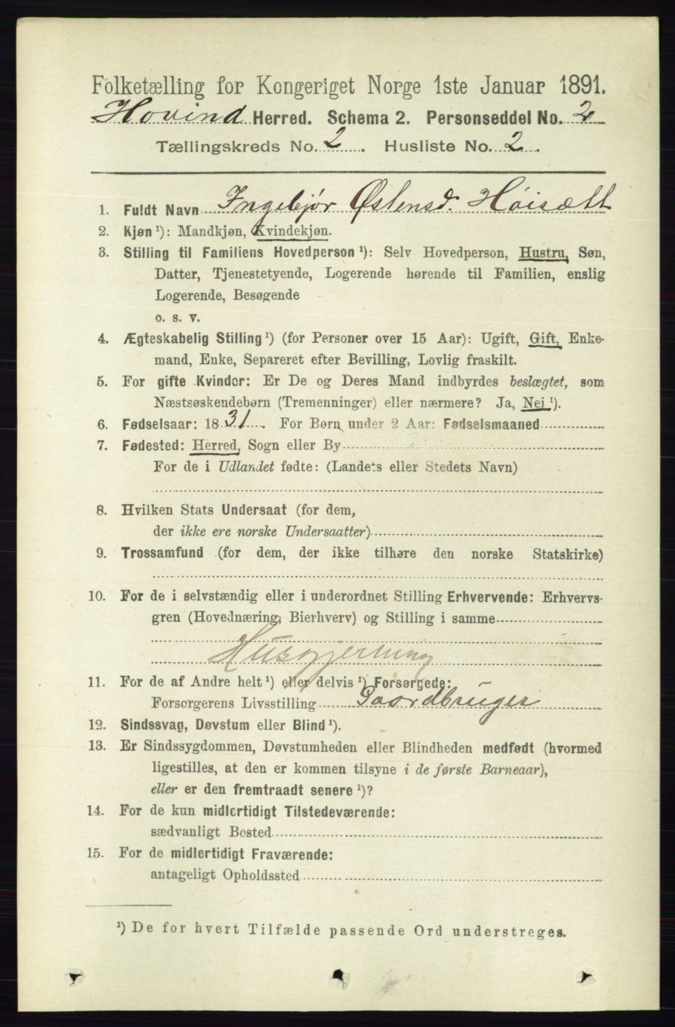 RA, 1891 census for 0825 Hovin, 1891, p. 498