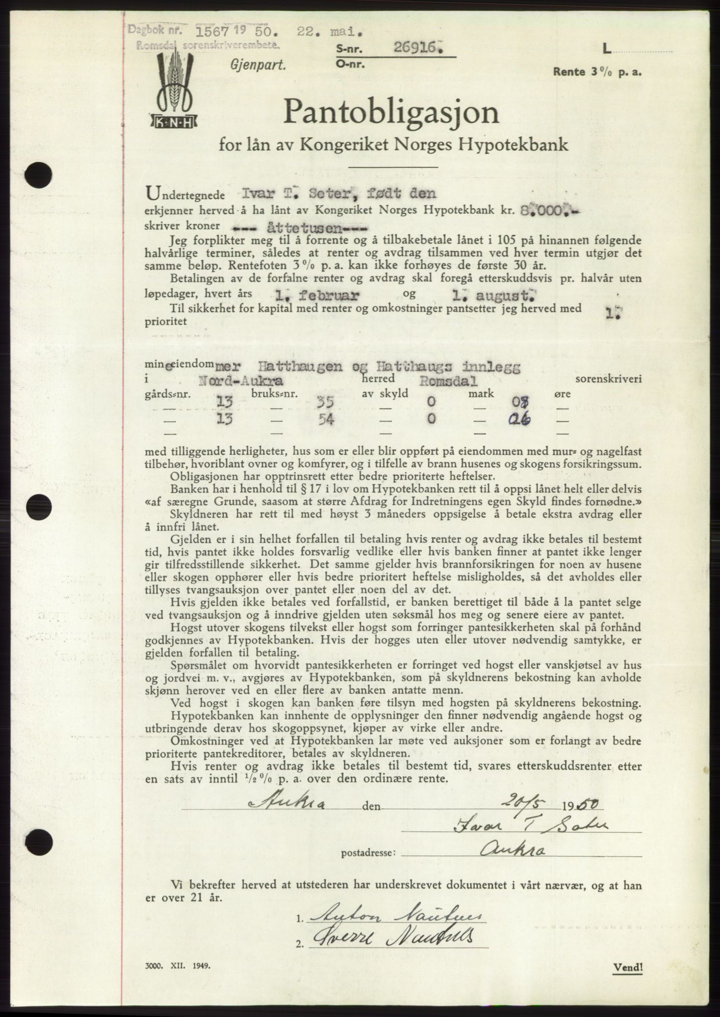 Romsdal sorenskriveri, AV/SAT-A-4149/1/2/2C: Mortgage book no. B5, 1949-1950, Diary no: : 1657/1950