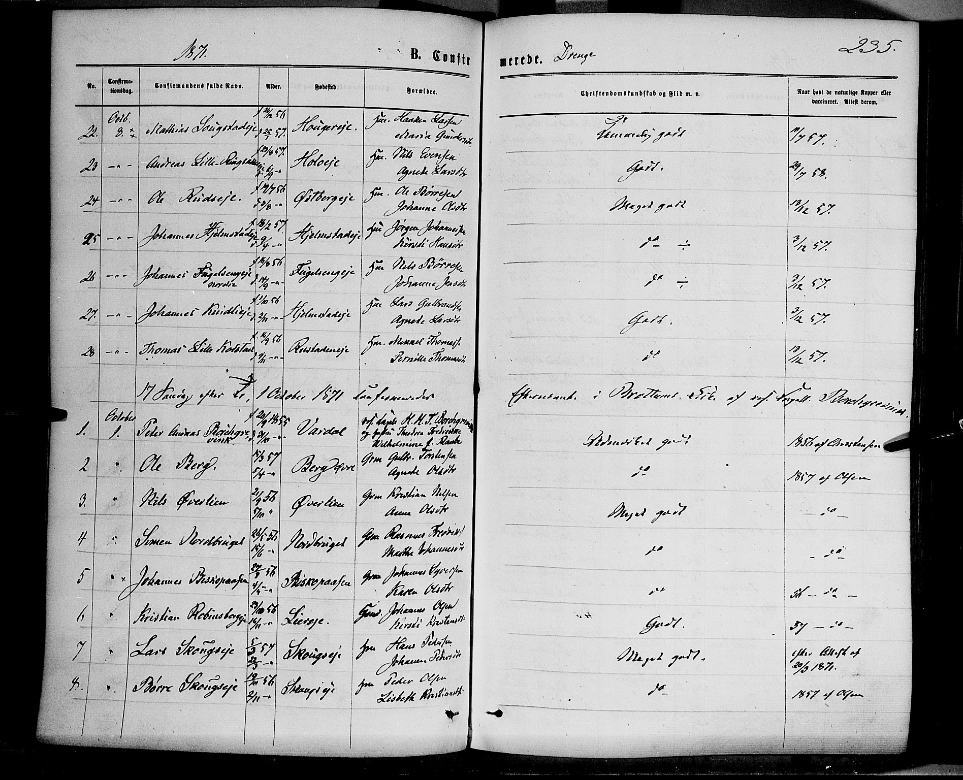 Ringsaker prestekontor, AV/SAH-PREST-014/K/Ka/L0011: Parish register (official) no. 11, 1870-1878, p. 235