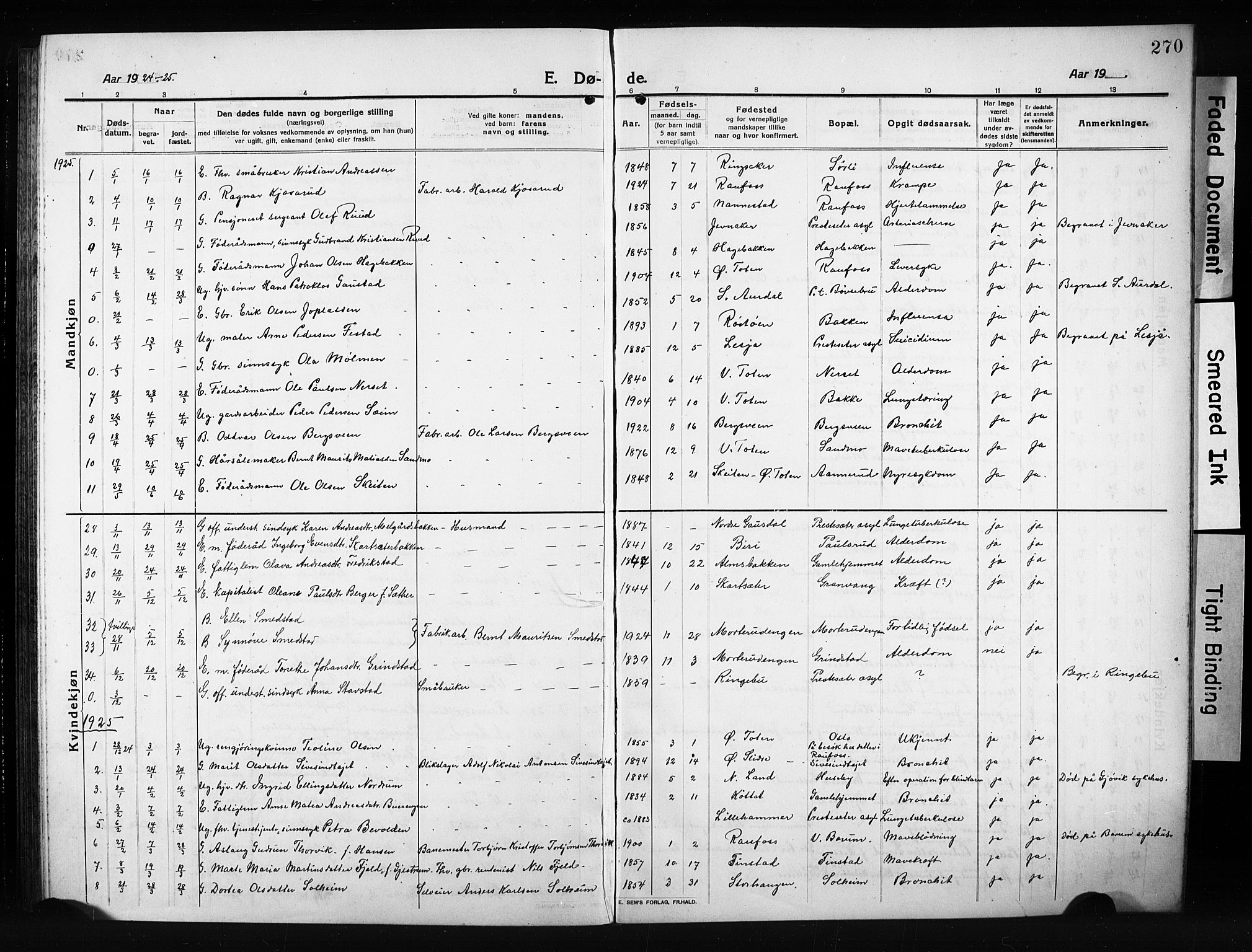 Vestre Toten prestekontor, AV/SAH-PREST-108/H/Ha/Hab/L0012: Parish register (copy) no. 12, 1909-1928, p. 270