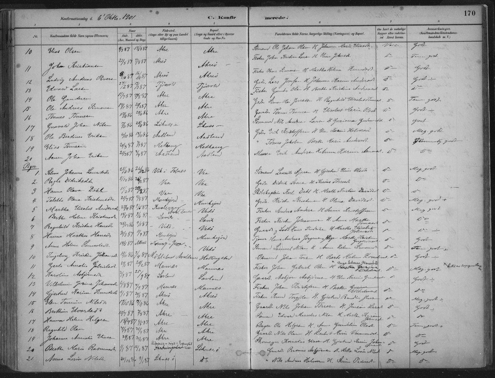 Kopervik sokneprestkontor, AV/SAST-A-101850/H/Ha/Haa/L0004: Parish register (official) no. A 4, 1882-1905, p. 170