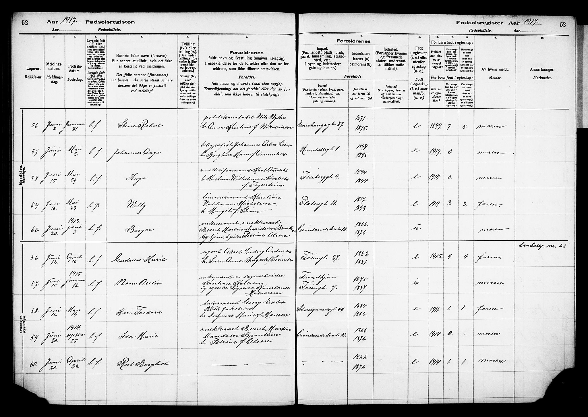 Grønland prestekontor Kirkebøker, SAO/A-10848/J/Ja/L0001: Birth register no. 1, 1916-1922, p. 52