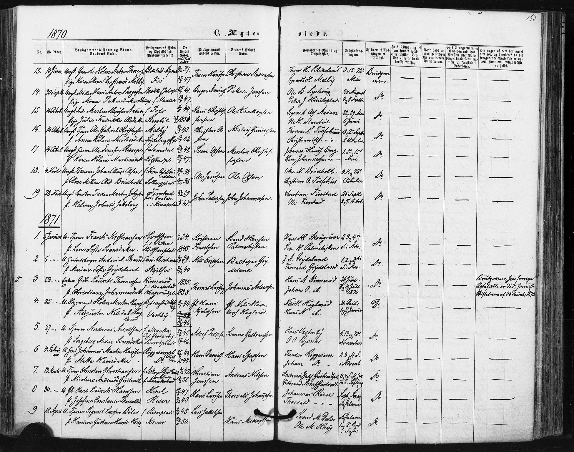 Hobøl prestekontor Kirkebøker, AV/SAO-A-2002/F/Fa/L0004: Parish register (official) no. I 4, 1865-1877, p. 153