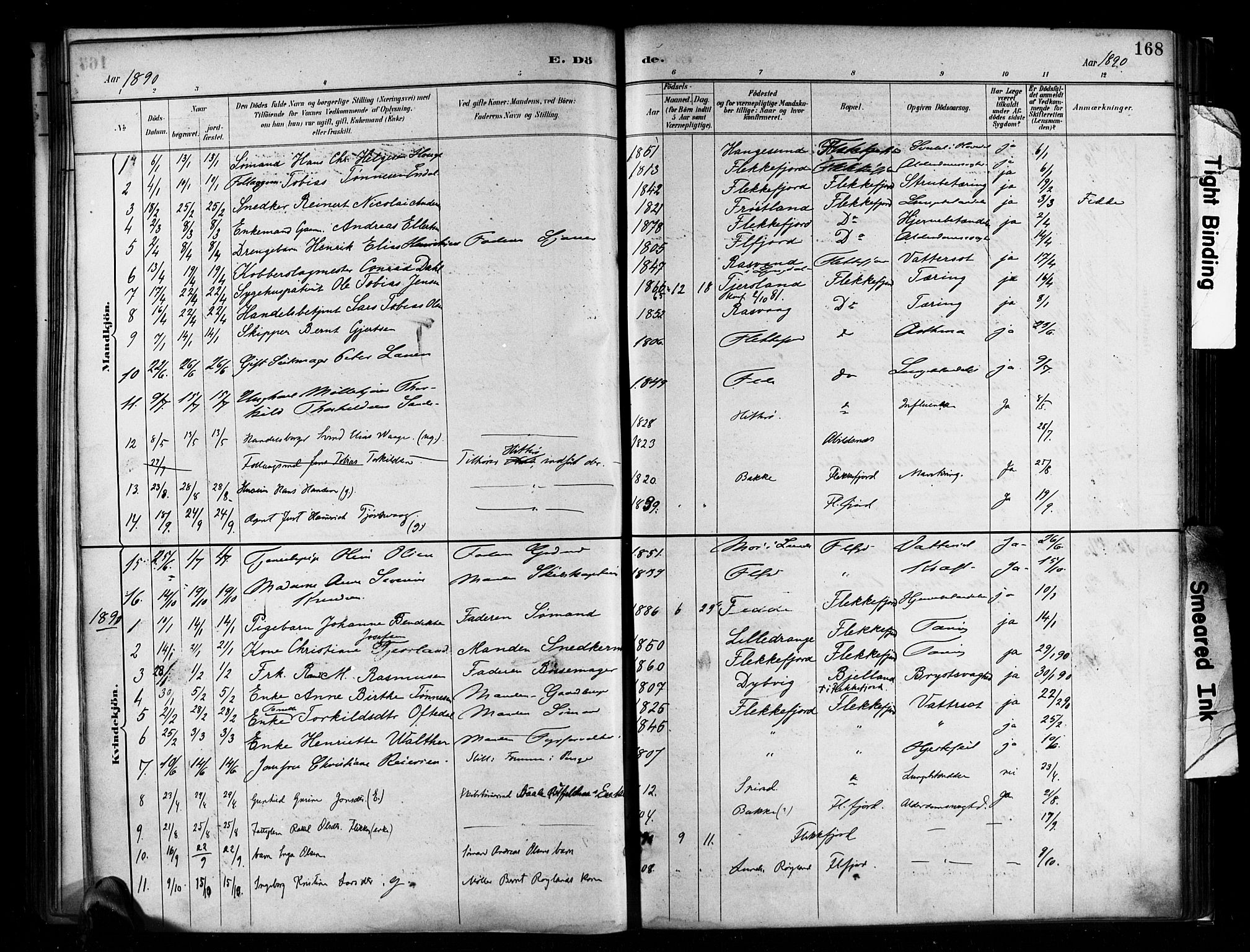 Flekkefjord sokneprestkontor, SAK/1111-0012/F/Fa/Faa/L0001: Parish register (official) no. A 1, 1885-1900, p. 168