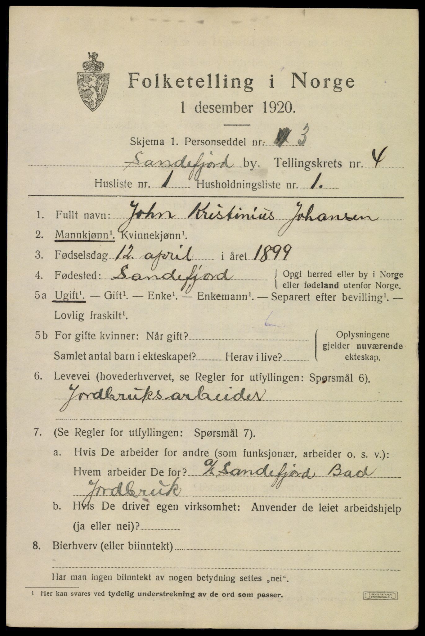 SAKO, 1920 census for Sandefjord, 1920, p. 7830