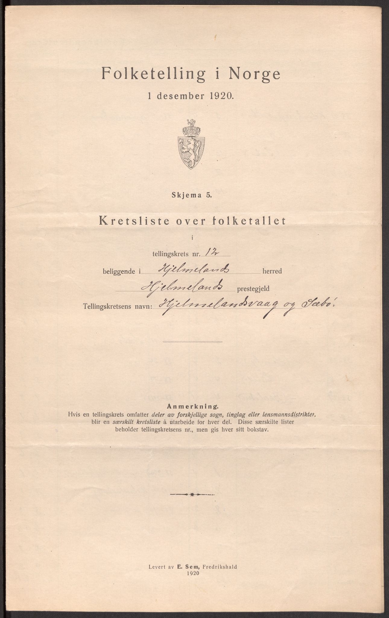 SAST, 1920 census for Hjelmeland, 1920, p. 50