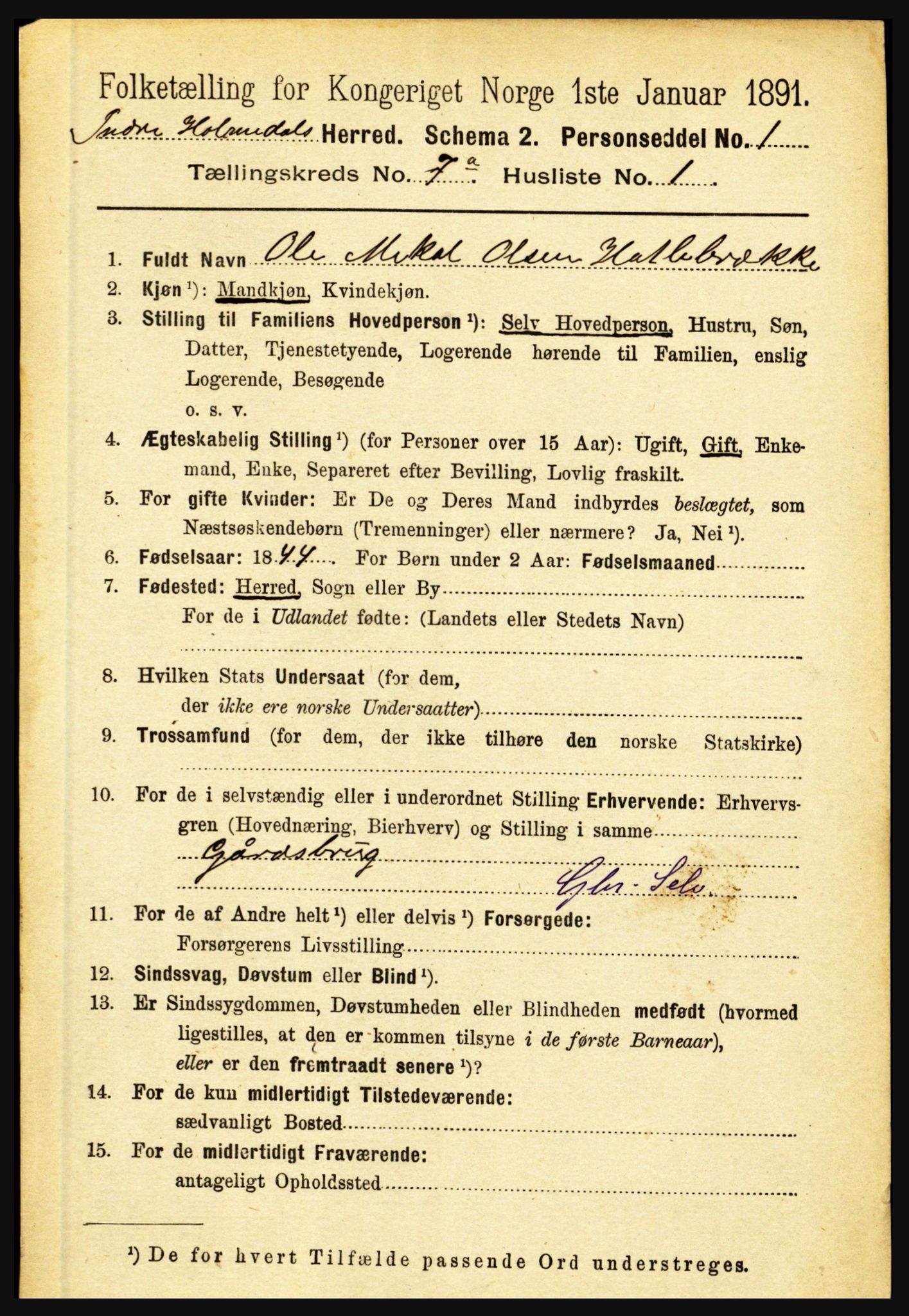 RA, 1891 census for 1430 Indre Holmedal, 1891, p. 2900