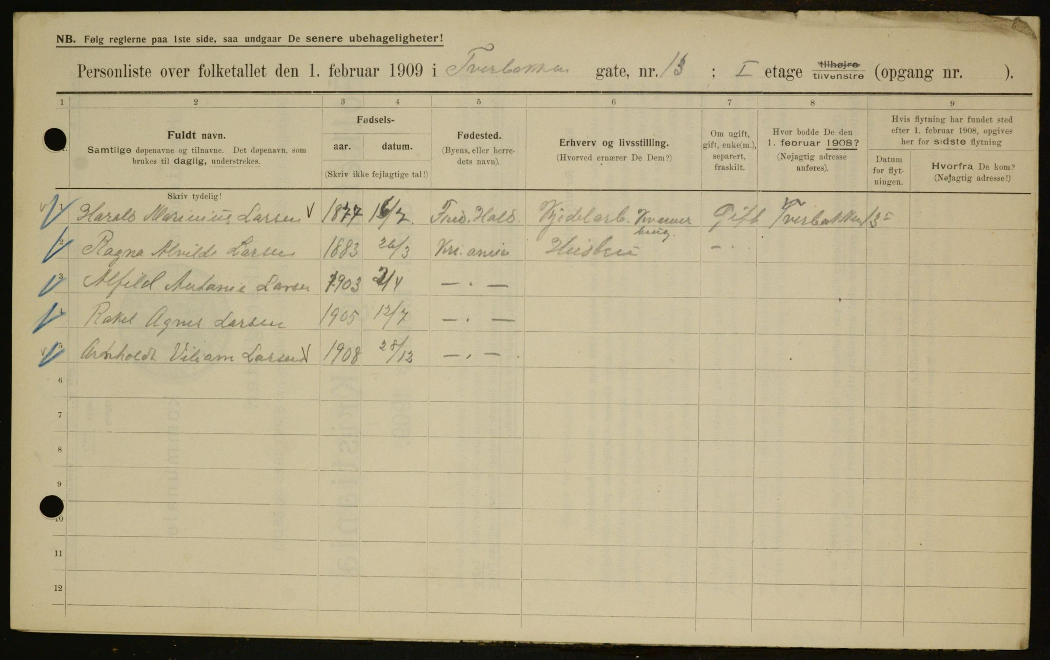 OBA, Municipal Census 1909 for Kristiania, 1909, p. 106505