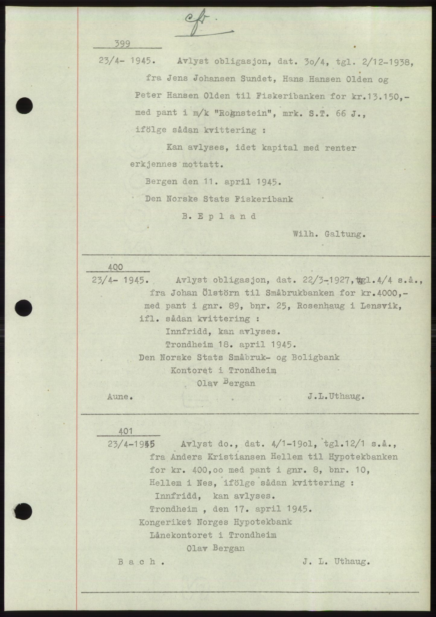 Fosen sorenskriveri, AV/SAT-A-1107/1/2/2C: Mortgage book no. B1, 1943-1946, Diary no: : 399/1945