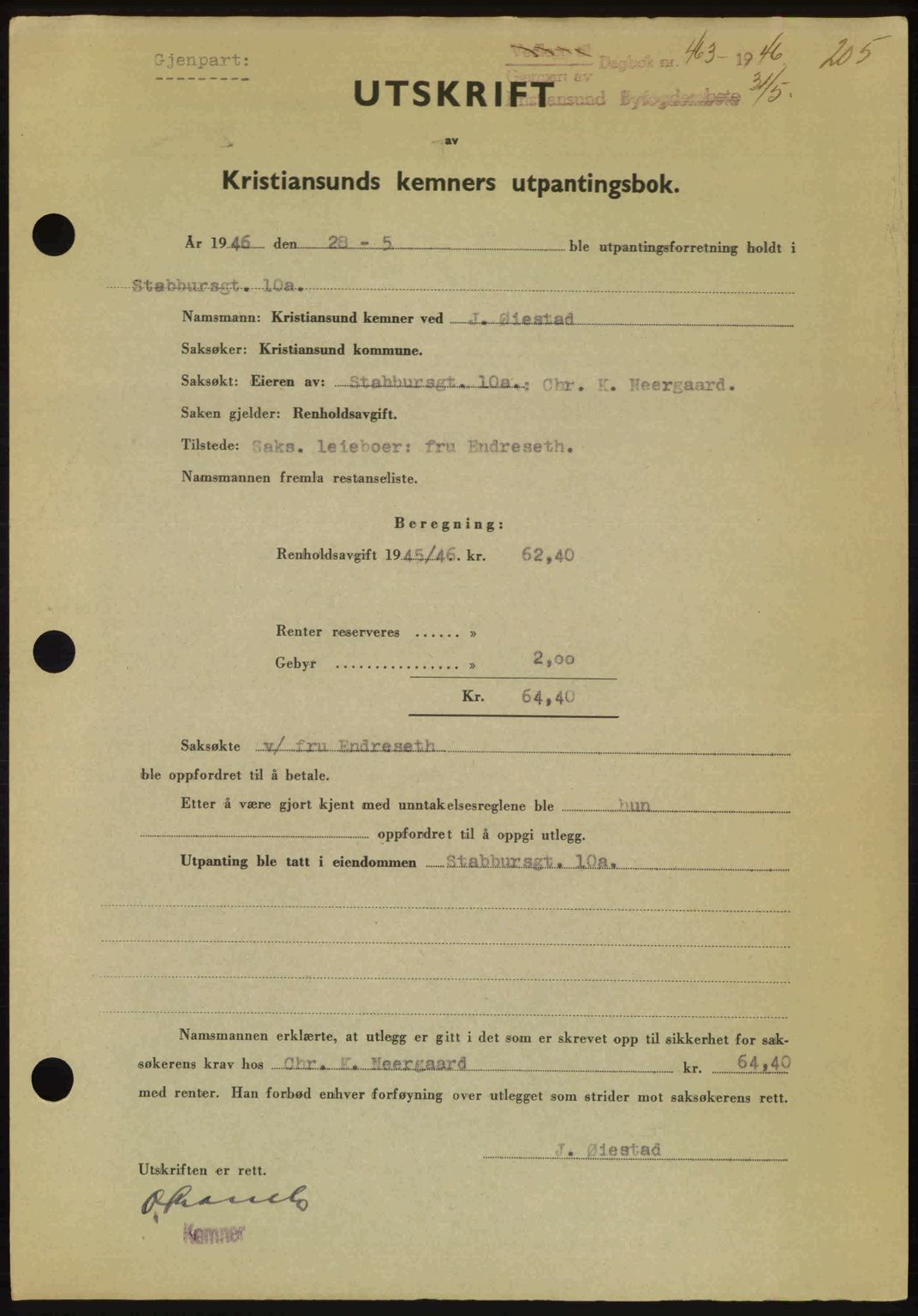 Kristiansund byfogd, AV/SAT-A-4587/A/27: Mortgage book no. 40, 1946-1946, Diary no: : 463/1946