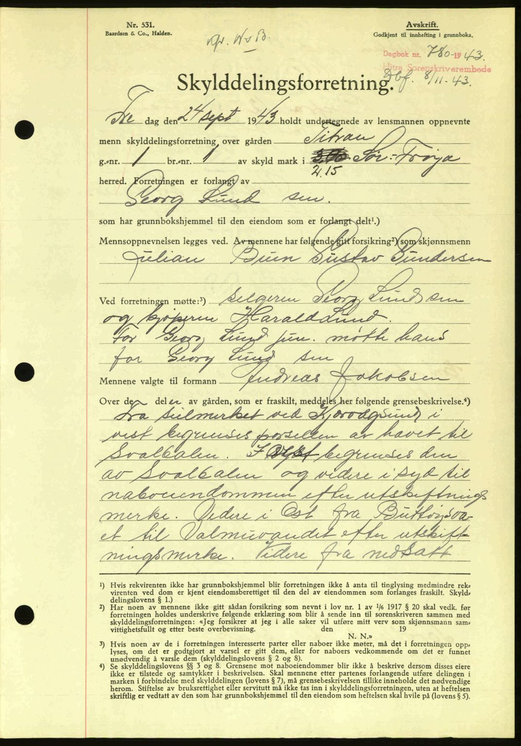 Hitra sorenskriveri, AV/SAT-A-0018/2/2C/2Ca: Mortgage book no. A2, 1943-1945, Diary no: : 780/1943