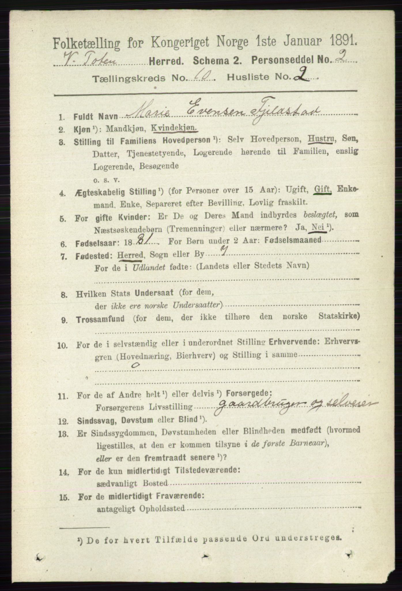 RA, 1891 census for 0529 Vestre Toten, 1891, p. 6189