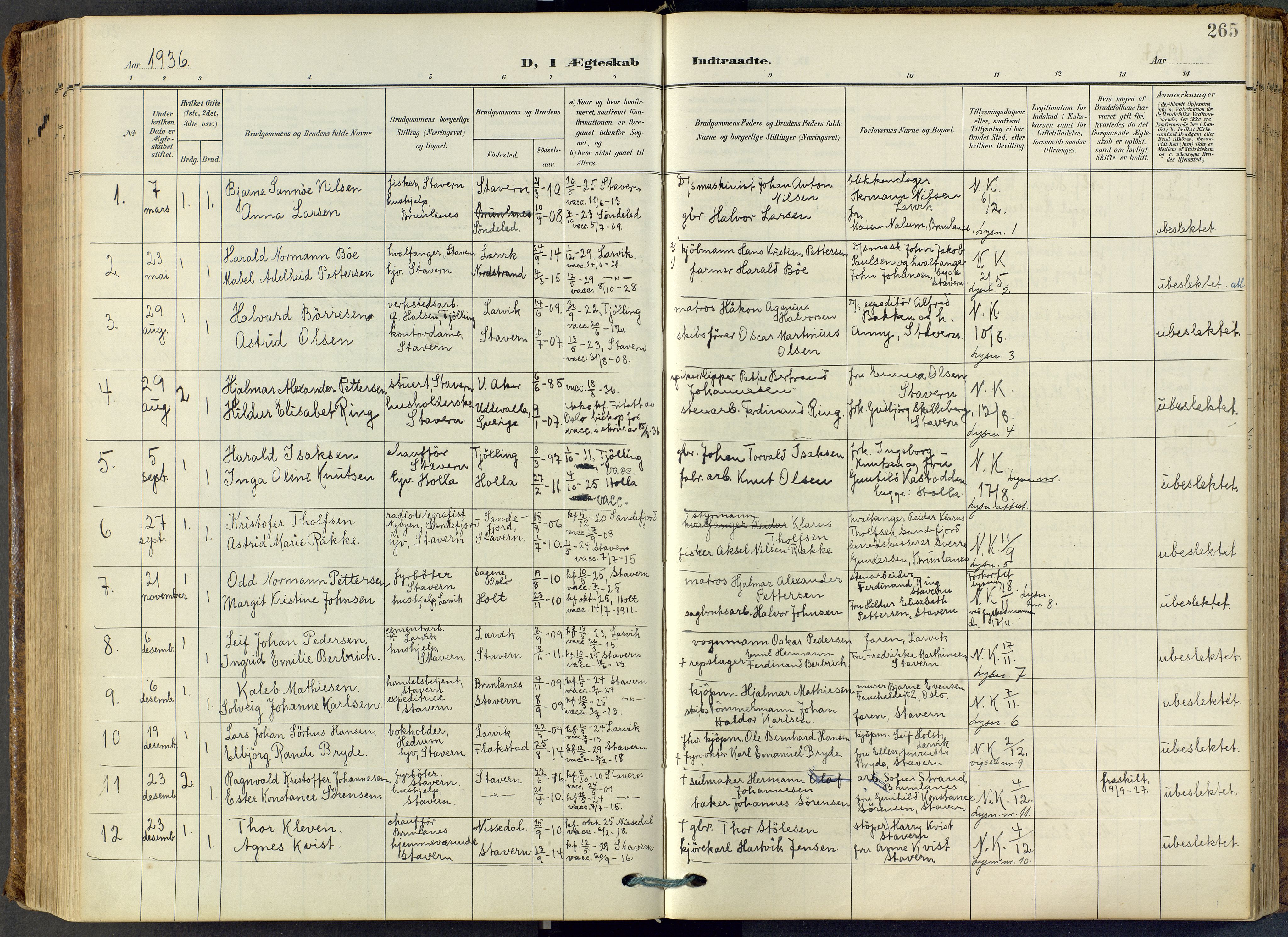 Stavern kirkebøker, AV/SAKO-A-318/F/Fa/L0009: Parish register (official) no. 9, 1906-1955, p. 265