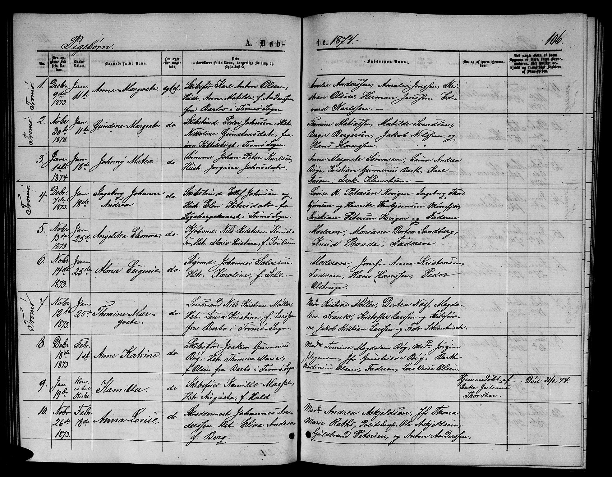 Arendal sokneprestkontor, Trefoldighet, SAK/1111-0040/F/Fb/L0005: Parish register (copy) no. B 5, 1874-1888, p. 106