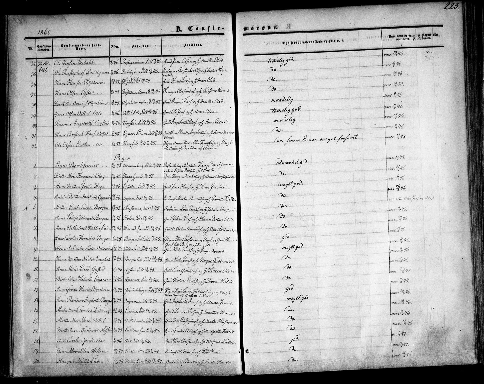 Ullensaker prestekontor Kirkebøker, SAO/A-10236a/F/Fa/L0015.a: Parish register (official) no. I 15A, 1851-1862, p. 223