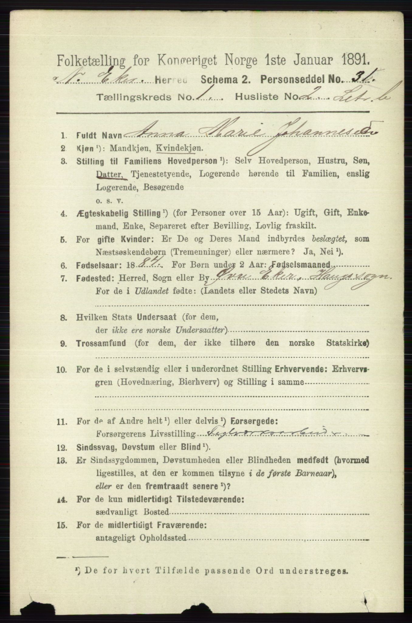 RA, 1891 census for 0625 Nedre Eiker, 1891, p. 441