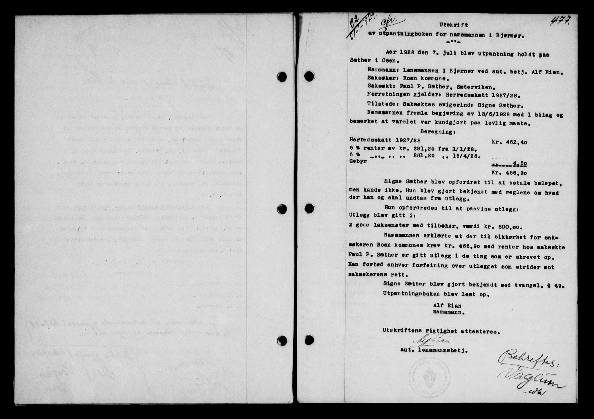 Fosen sorenskriveri, AV/SAT-A-1107/1/2/2C/L0067: Mortgage book no. 58, 1928-1929, p. 477, Deed date: 21.01.1929