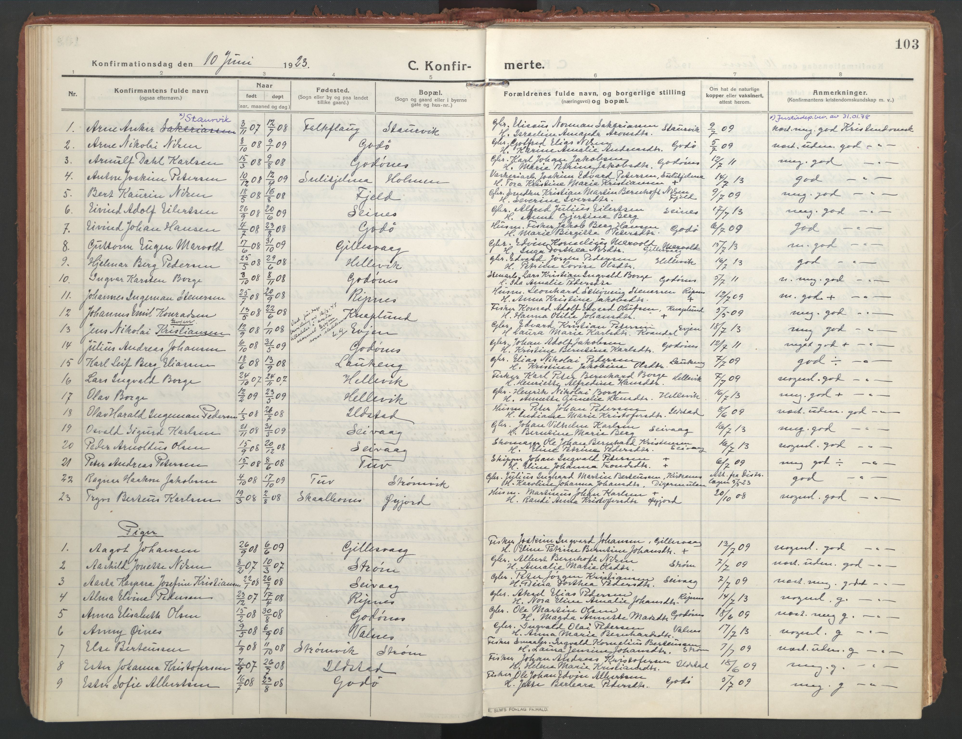 Ministerialprotokoller, klokkerbøker og fødselsregistre - Nordland, SAT/A-1459/804/L0086: Parish register (official) no. 804A07, 1916-1935, p. 103