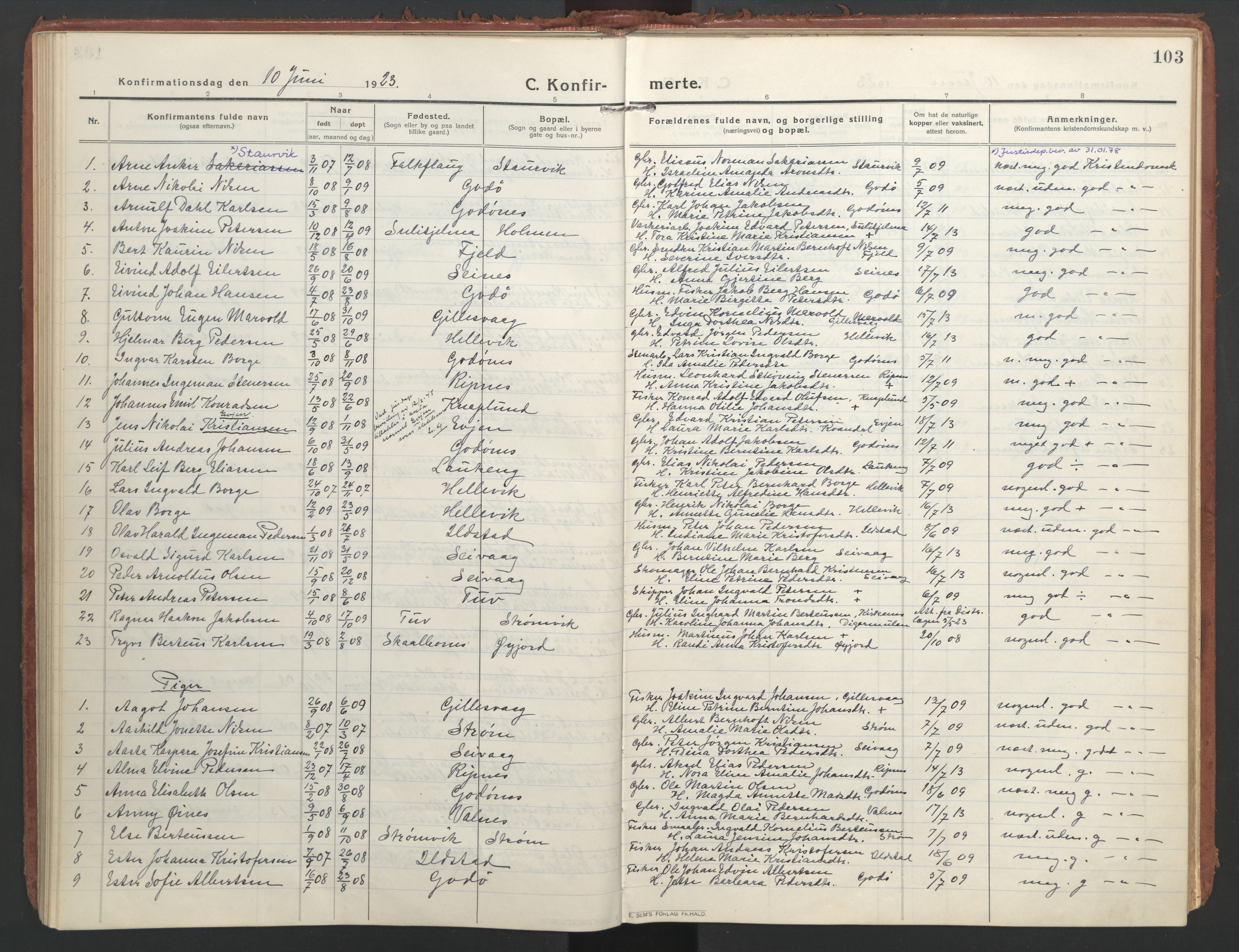 Ministerialprotokoller, klokkerbøker og fødselsregistre - Nordland, AV/SAT-A-1459/804/L0086: Parish register (official) no. 804A07, 1916-1935, p. 103