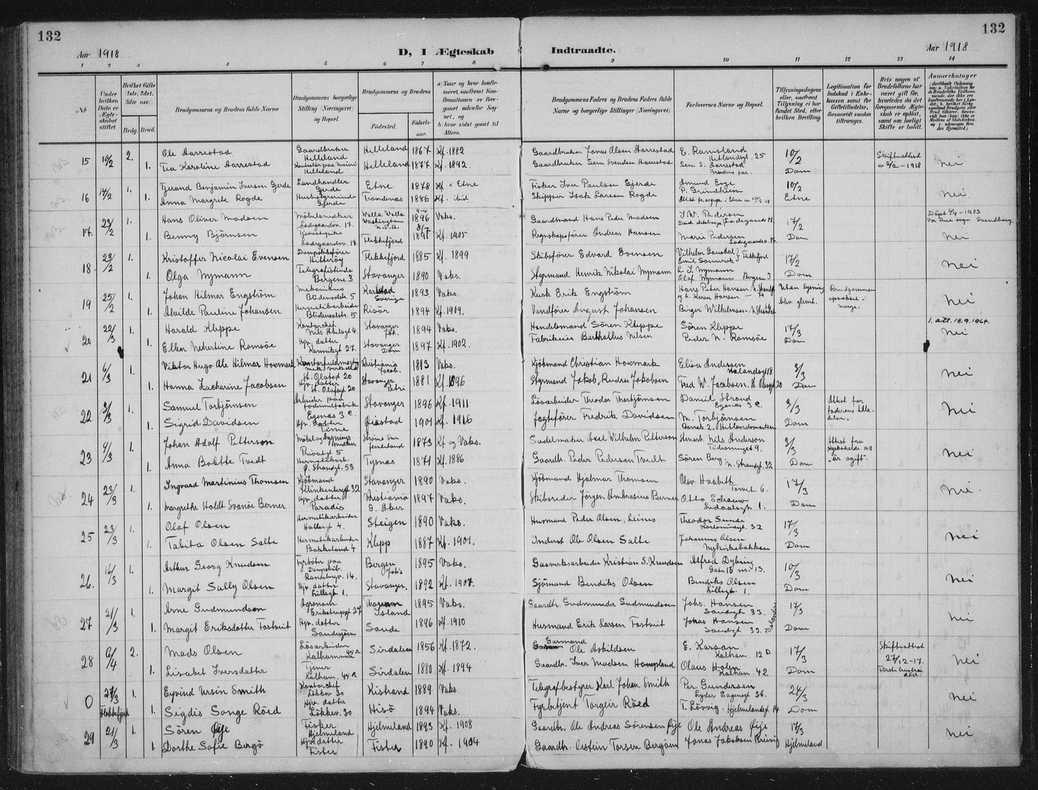 Domkirken sokneprestkontor, AV/SAST-A-101812/002/A/L0016: Parish register (official) no. A 33, 1905-1922, p. 132