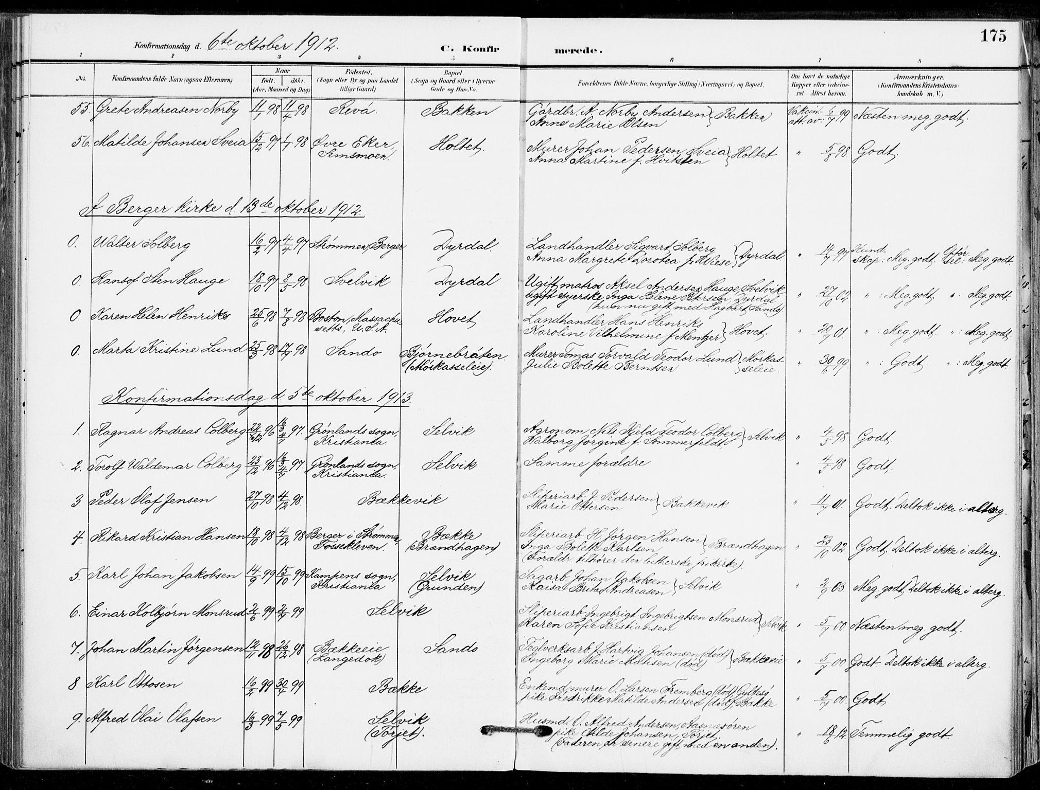 Sande Kirkebøker, AV/SAKO-A-53/F/Fa/L0008: Parish register (official) no. 8, 1904-1921, p. 175