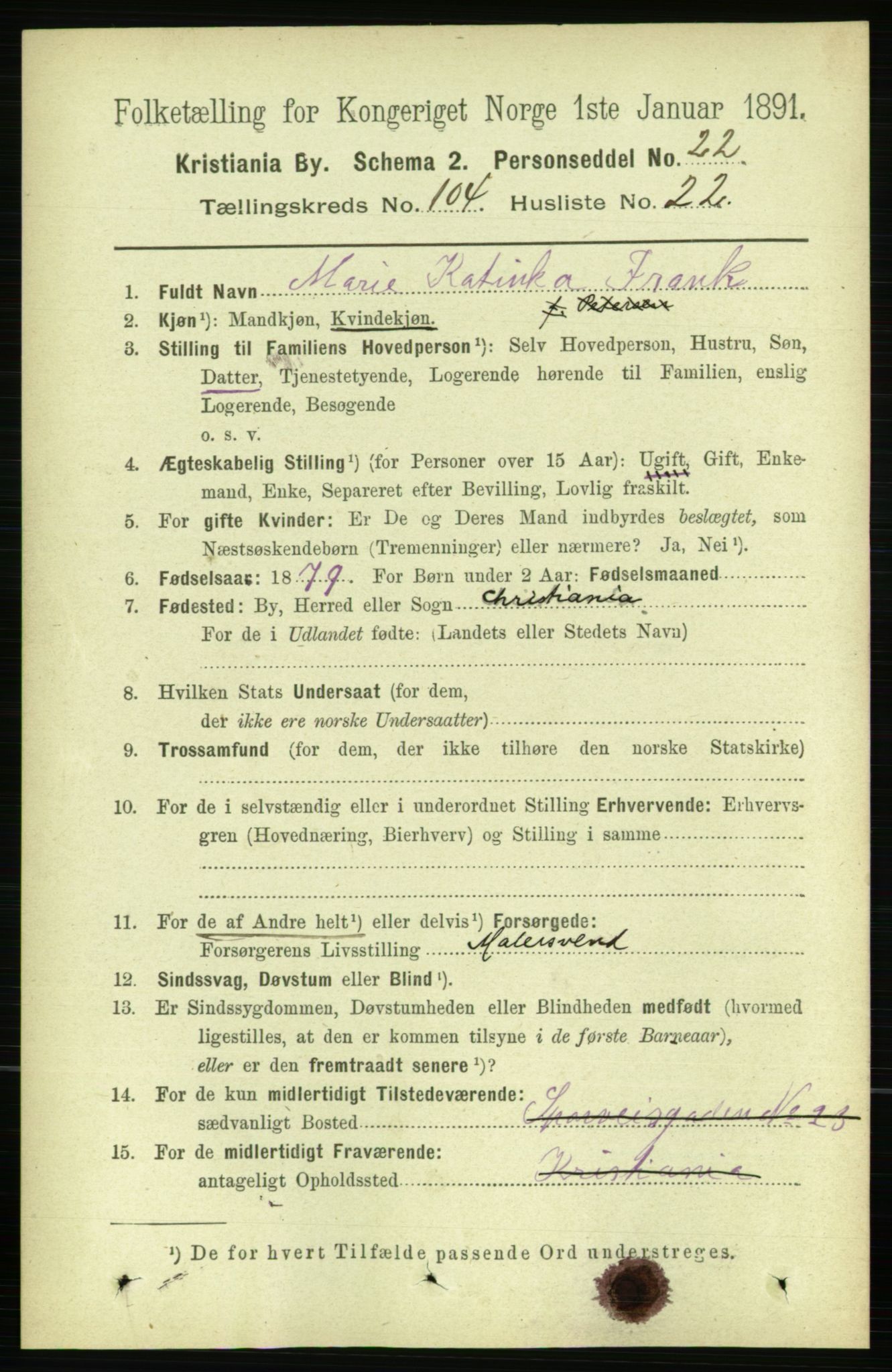 RA, 1891 census for 0301 Kristiania, 1891, p. 52624