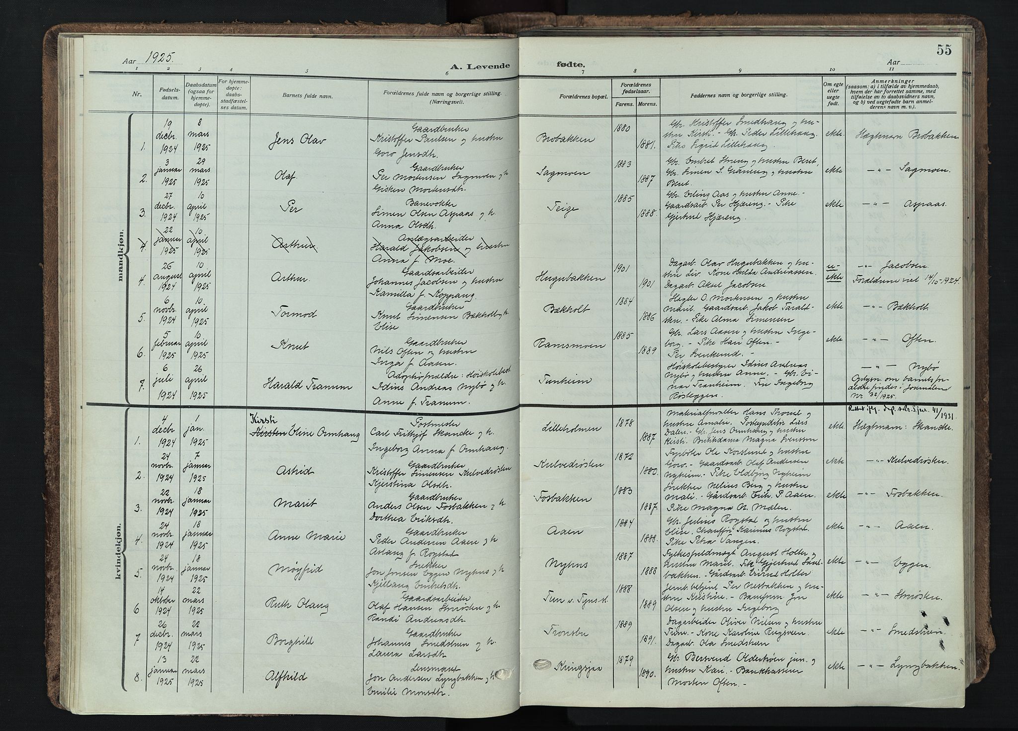 Tynset prestekontor, SAH/PREST-058/H/Ha/Haa/L0026: Parish register (official) no. 26, 1915-1929, p. 55