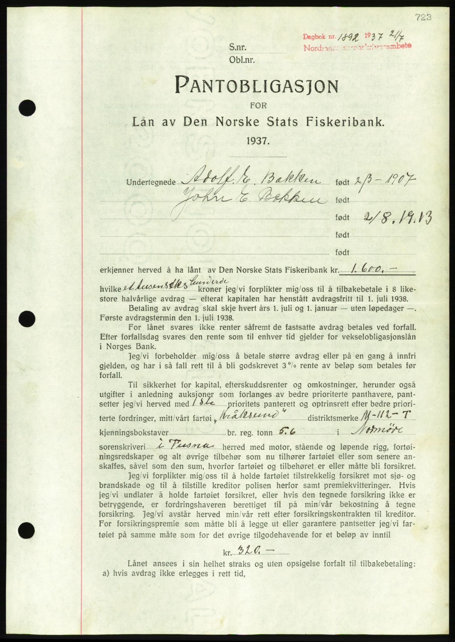 Nordmøre sorenskriveri, AV/SAT-A-4132/1/2/2Ca/L0091: Mortgage book no. B81, 1937-1937, Diary no: : 1892/1937