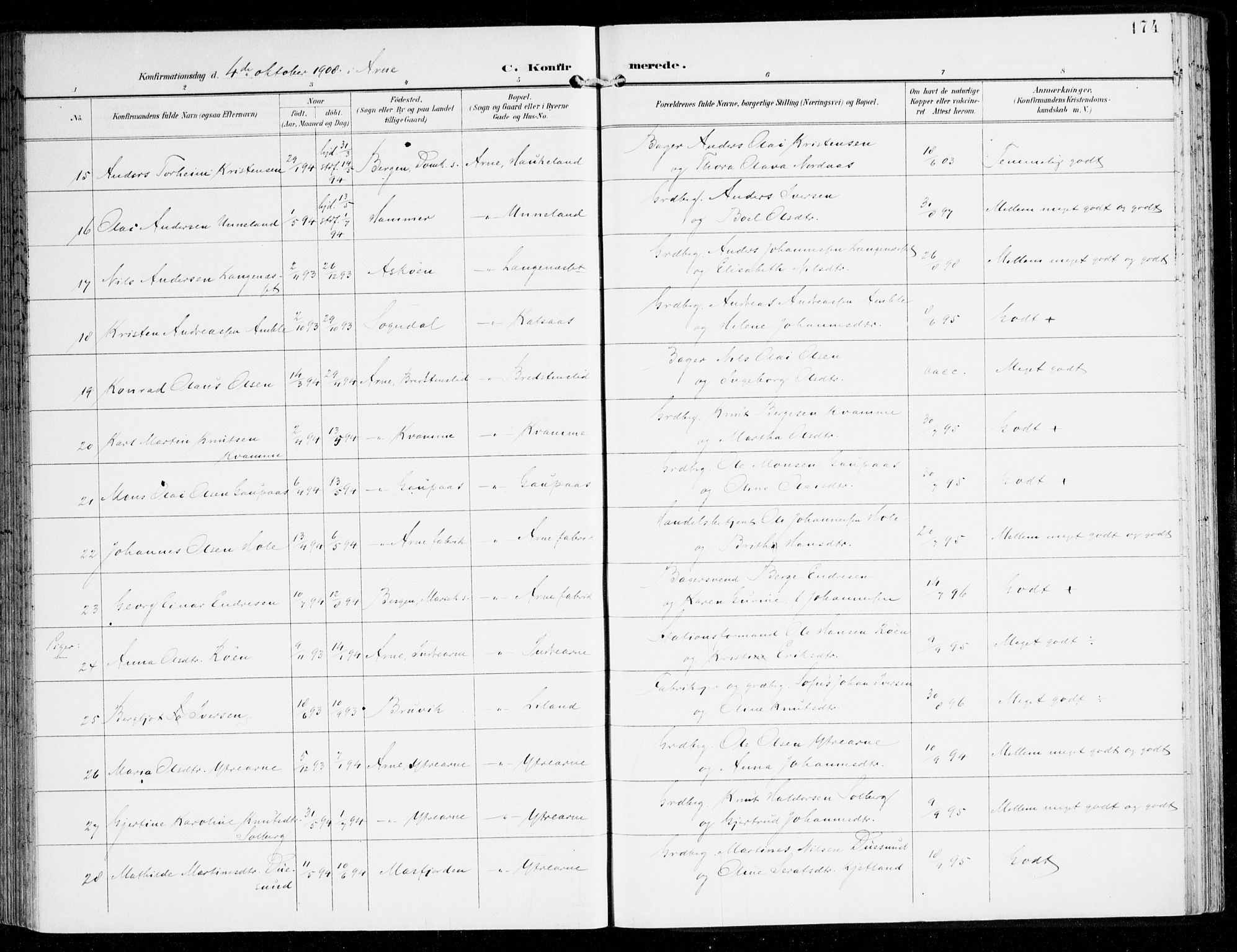 Haus sokneprestembete, SAB/A-75601/H/Haa: Parish register (official) no. D 2, 1899-1912, p. 174