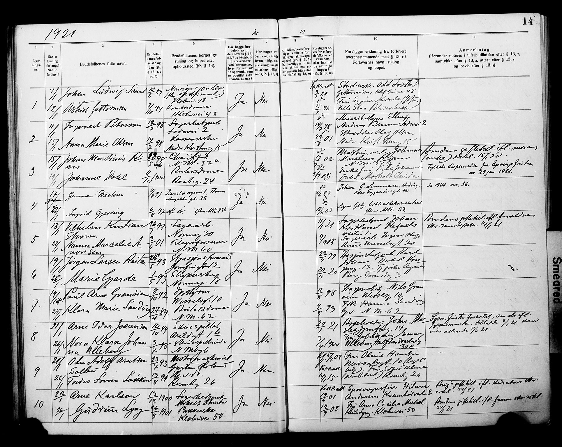 Ministerialprotokoller, klokkerbøker og fødselsregistre - Sør-Trøndelag, SAT/A-1456/604/L0196: Banns register no. 604A17, 1919-1927, p. 14