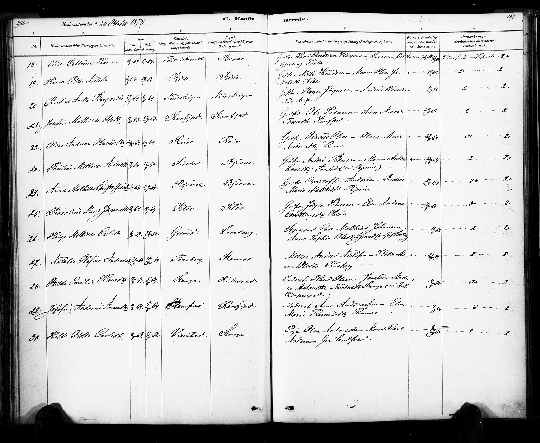 Ramnes kirkebøker, AV/SAKO-A-314/F/Fa/L0007: Parish register (official) no. I 7, 1878-1895, p. 266-267