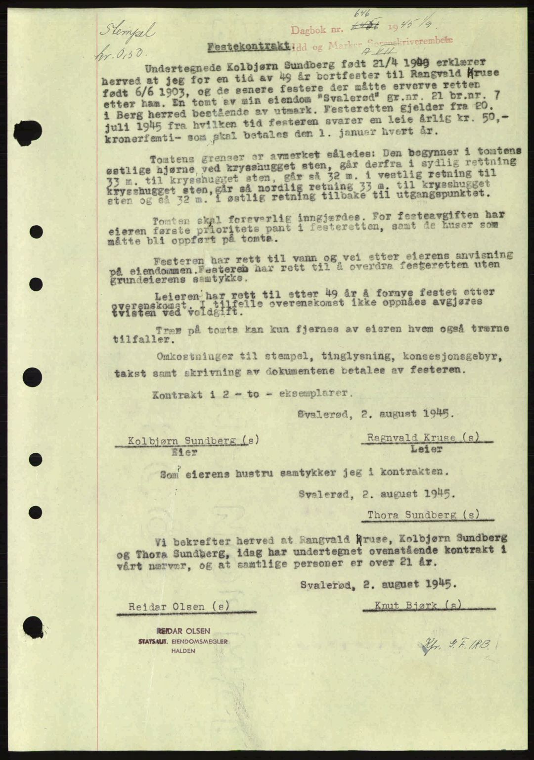 Idd og Marker sorenskriveri, AV/SAO-A-10283/G/Gb/Gbb/L0007: Mortgage book no. A7, 1944-1945, Diary no: : 646/1945