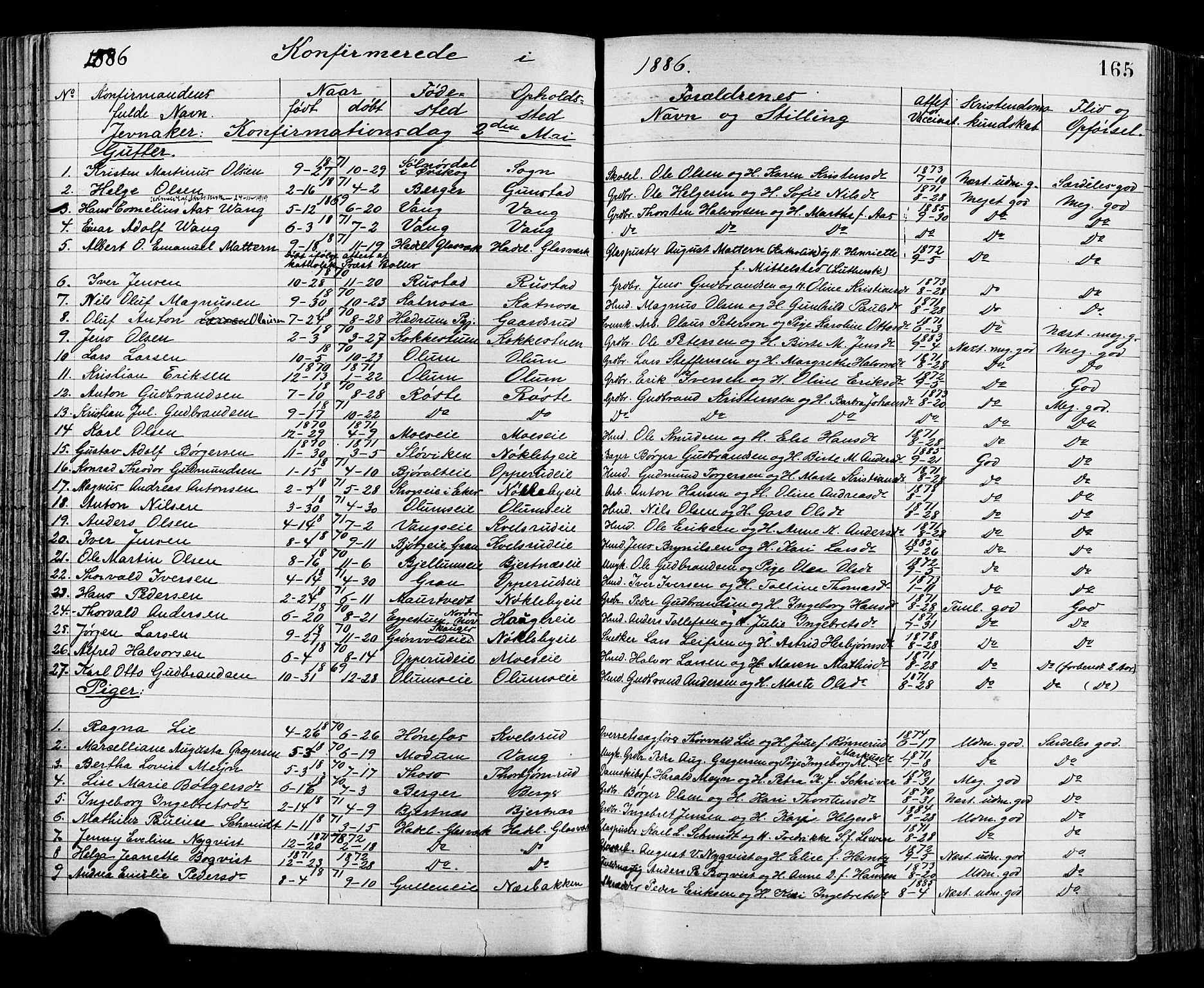 Jevnaker prestekontor, AV/SAH-PREST-116/H/Ha/Haa/L0008: Parish register (official) no. 8, 1877-1890, p. 165