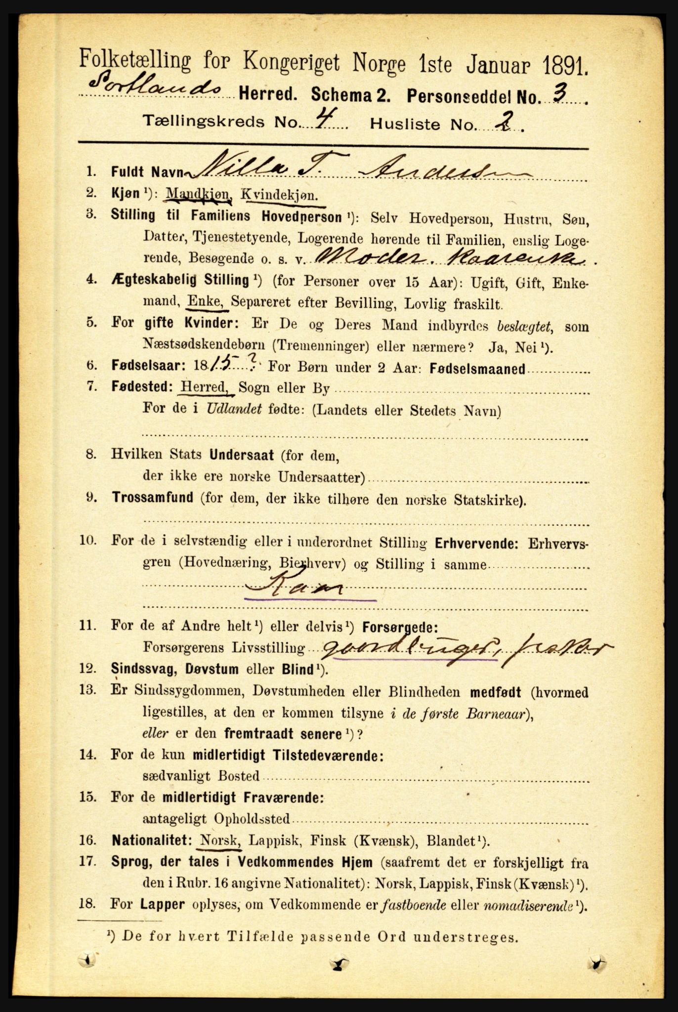 RA, 1891 census for 1870 Sortland, 1891, p. 2725