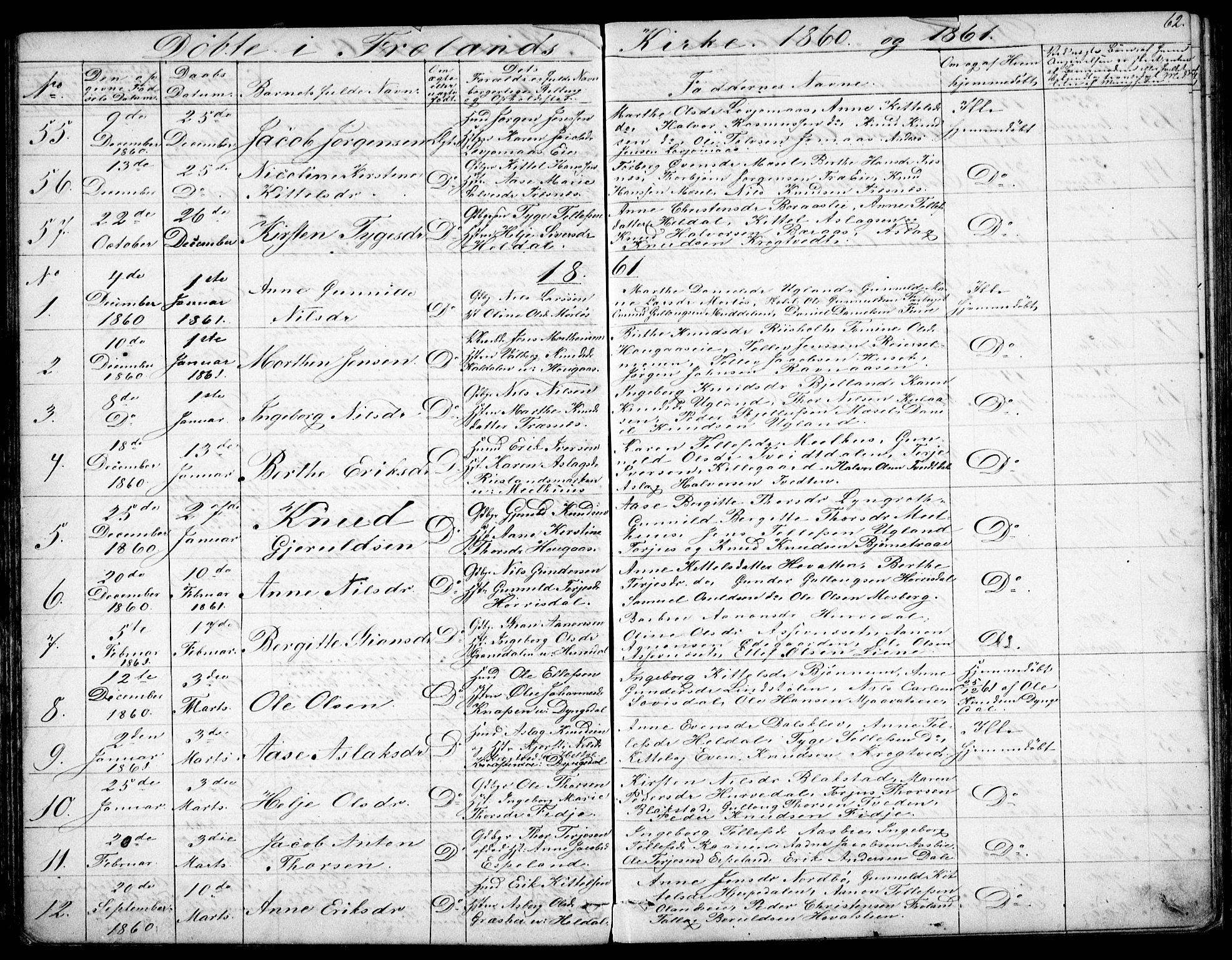 Froland sokneprestkontor, SAK/1111-0013/F/Fb/L0008: Parish register (copy) no. B 8, 1843-1875, p. 62