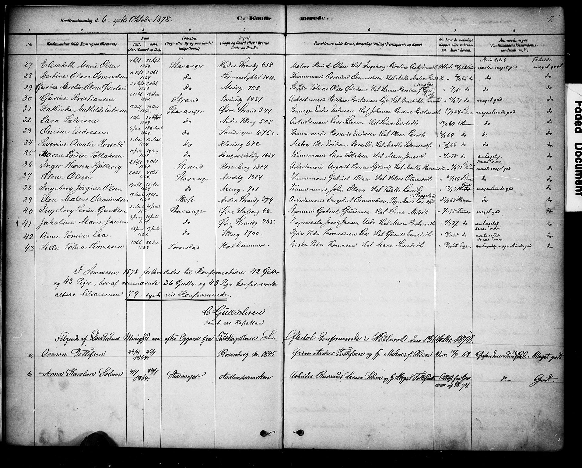 Domkirken sokneprestkontor, AV/SAST-A-101812/001/30/30BA/L0028: Parish register (official) no. A 27, 1878-1896, p. 7