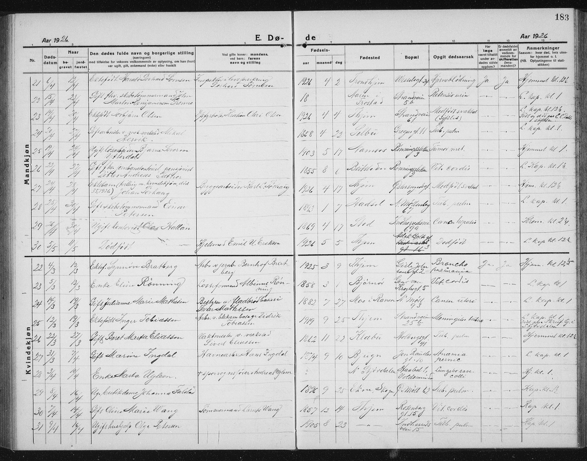 Ministerialprotokoller, klokkerbøker og fødselsregistre - Sør-Trøndelag, AV/SAT-A-1456/605/L0260: Parish register (copy) no. 605C07, 1922-1942, p. 183