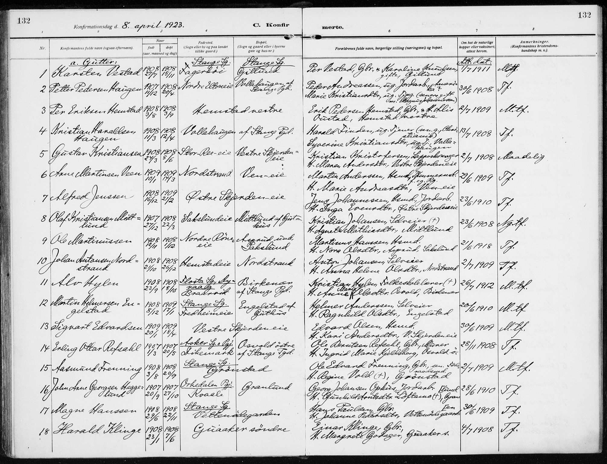 Stange prestekontor, AV/SAH-PREST-002/K/L0026: Parish register (official) no. 26, 1923-1937, p. 132