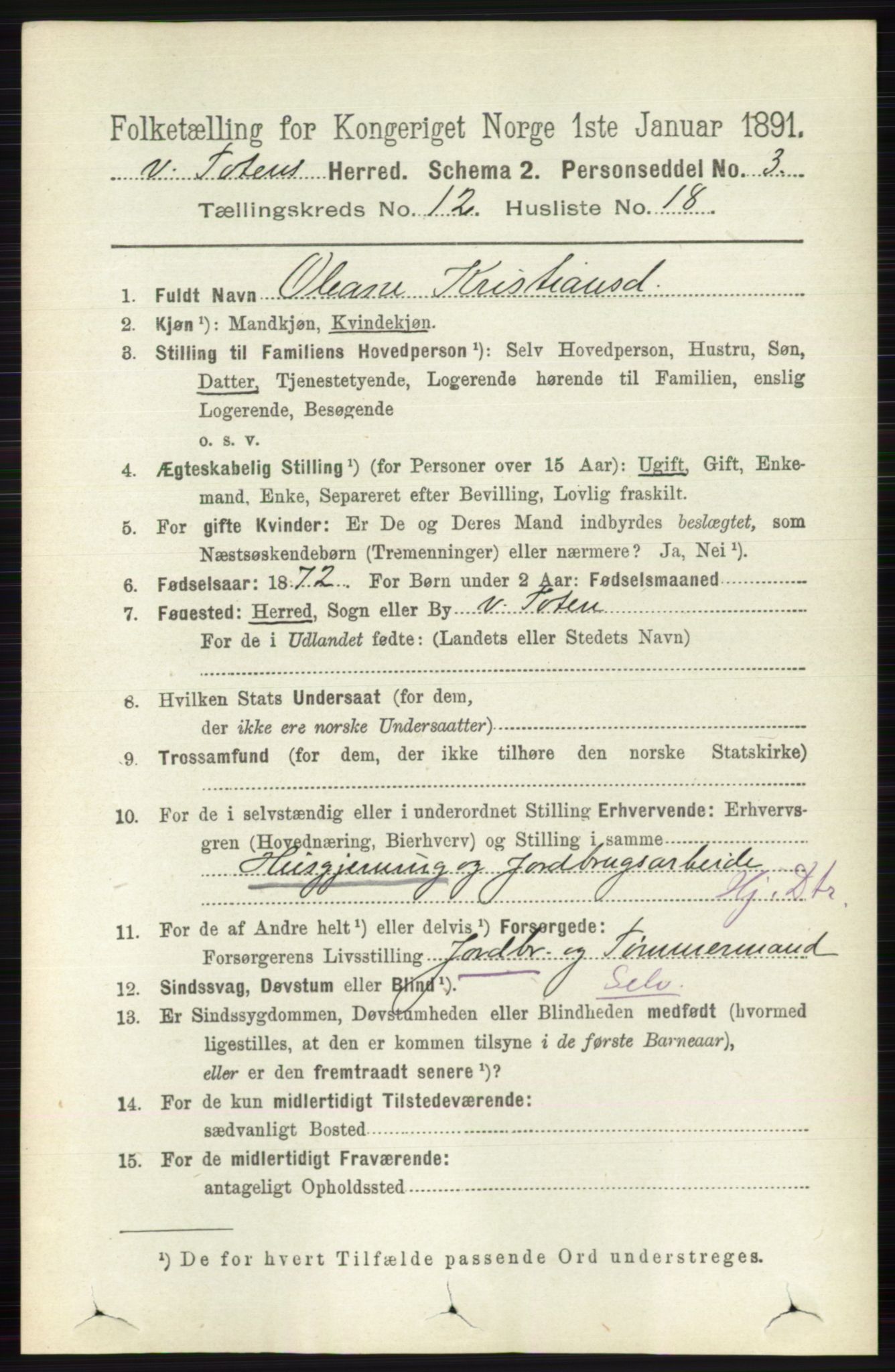 RA, 1891 census for 0529 Vestre Toten, 1891, p. 7387