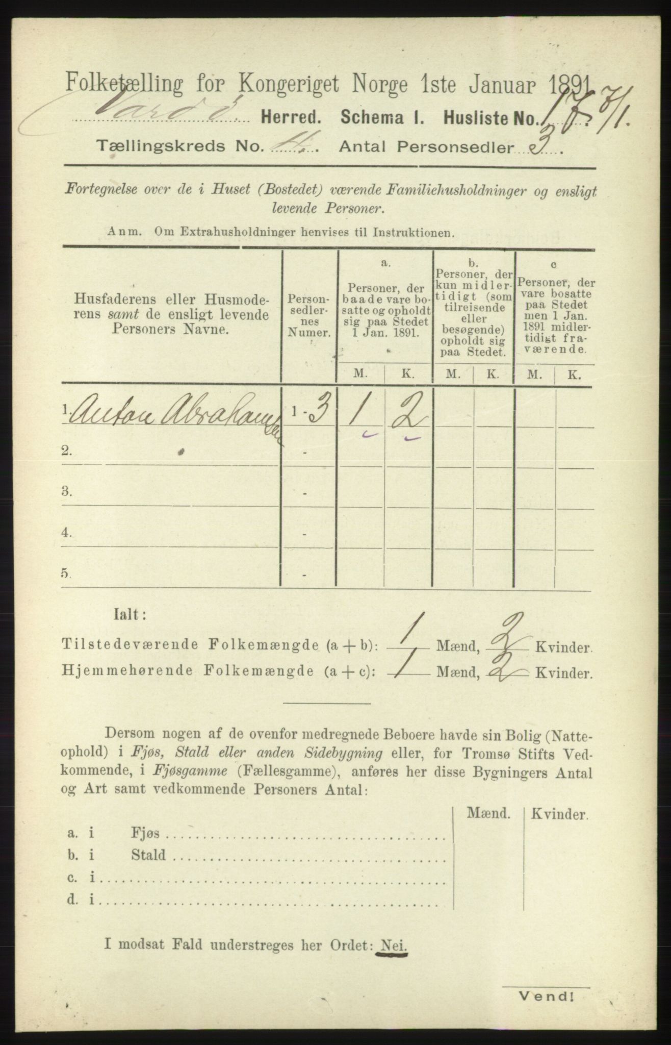 RA, 1891 census for 2028 Vardø, 1891, p. 1071