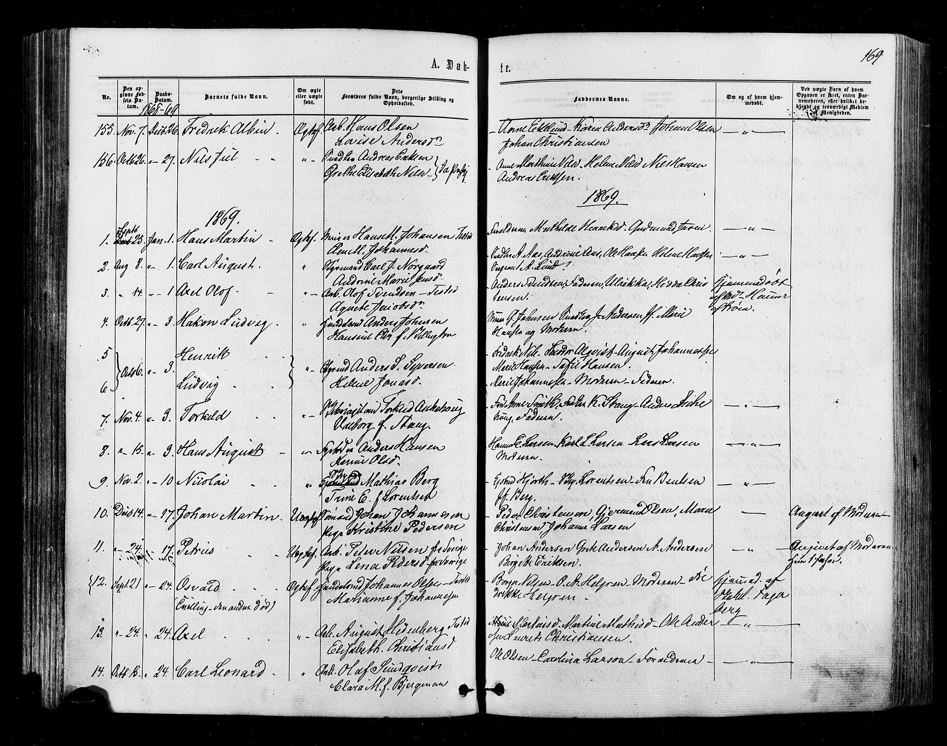 Halden prestekontor Kirkebøker, SAO/A-10909/F/Fa/L0009: Parish register (official) no. I 9, 1866-1877, p. 169